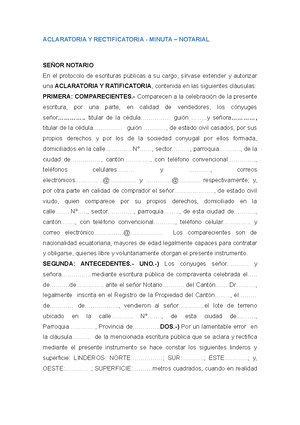 Aclaratoria+Y+ Rectificatoria+-+ Minuta - ACLARATORIA Y RECTIFICATORIA -  MINUTA – NOTARIAL SEÑOR - Studocu