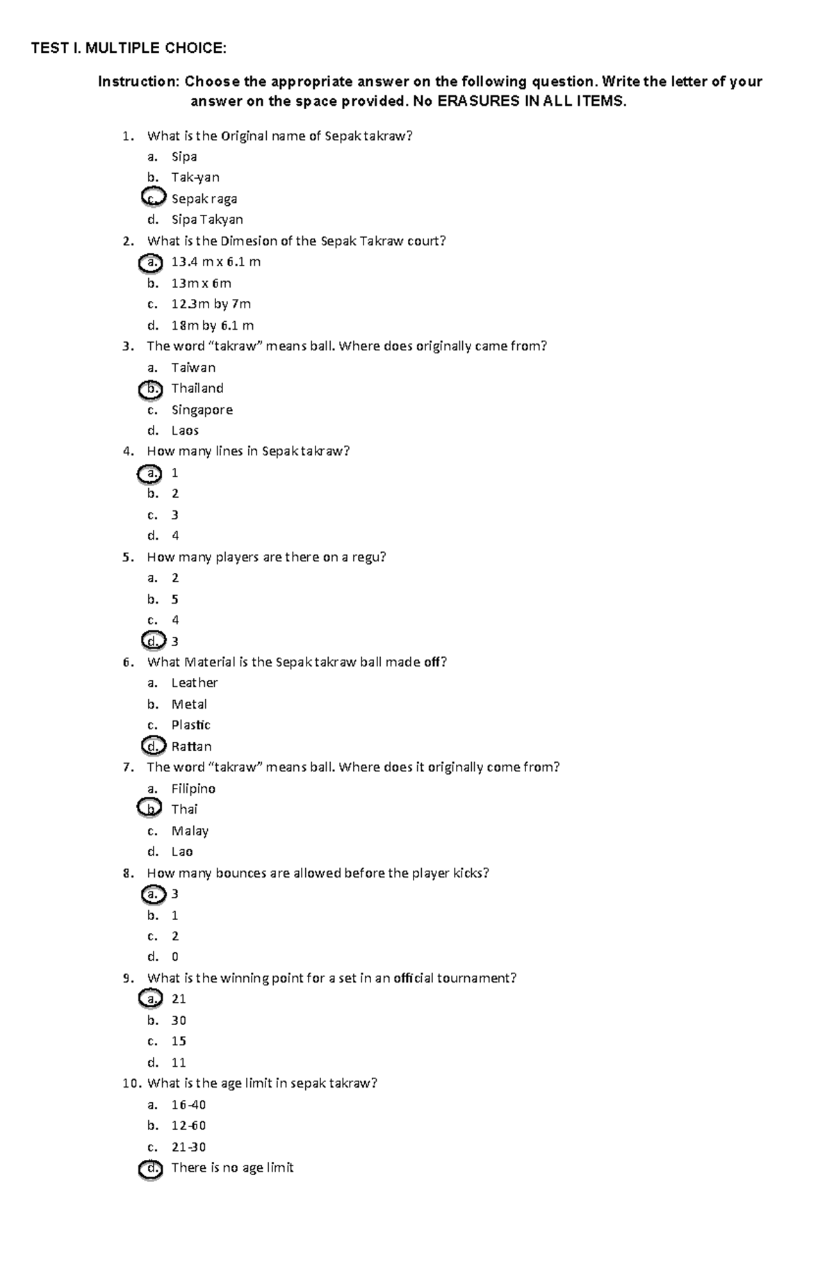 Document lecture Physical education - TEST I. MULTIPLE CHOICE ...