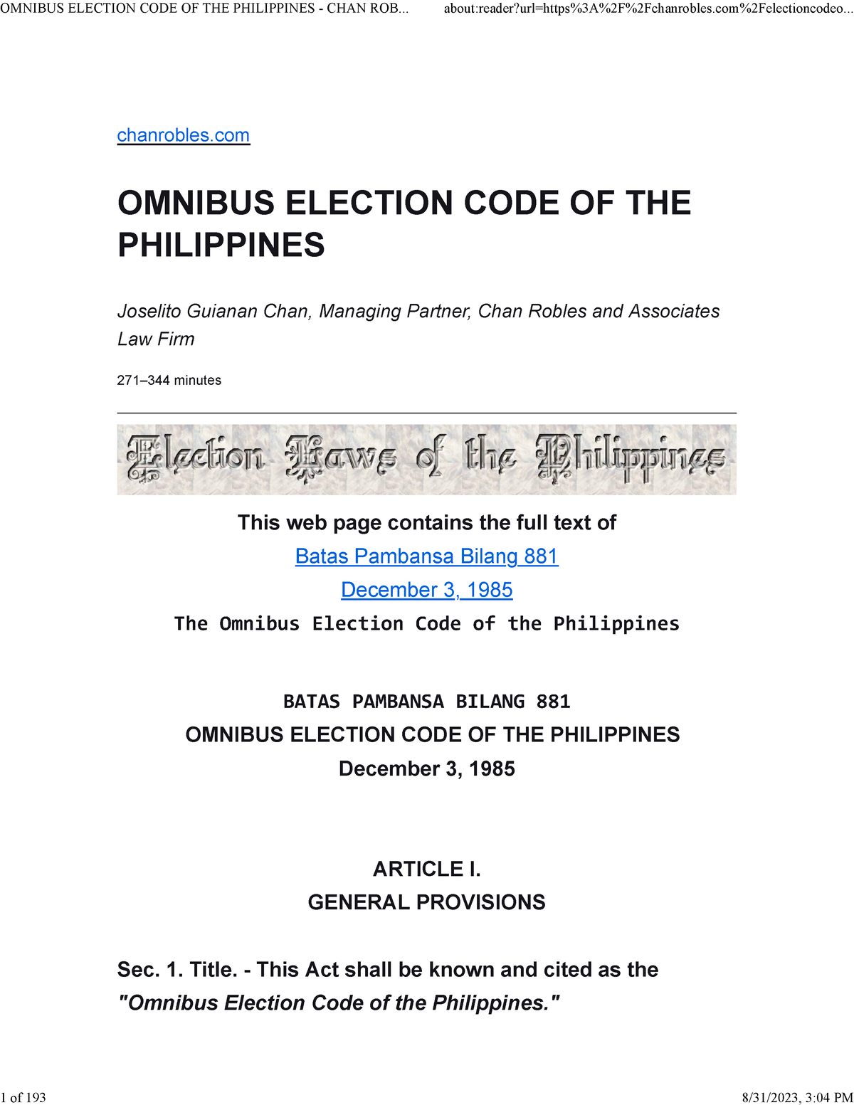 Omnibus Election CODE OF THE Philippines - CHAN Robles Virtual LAW ...