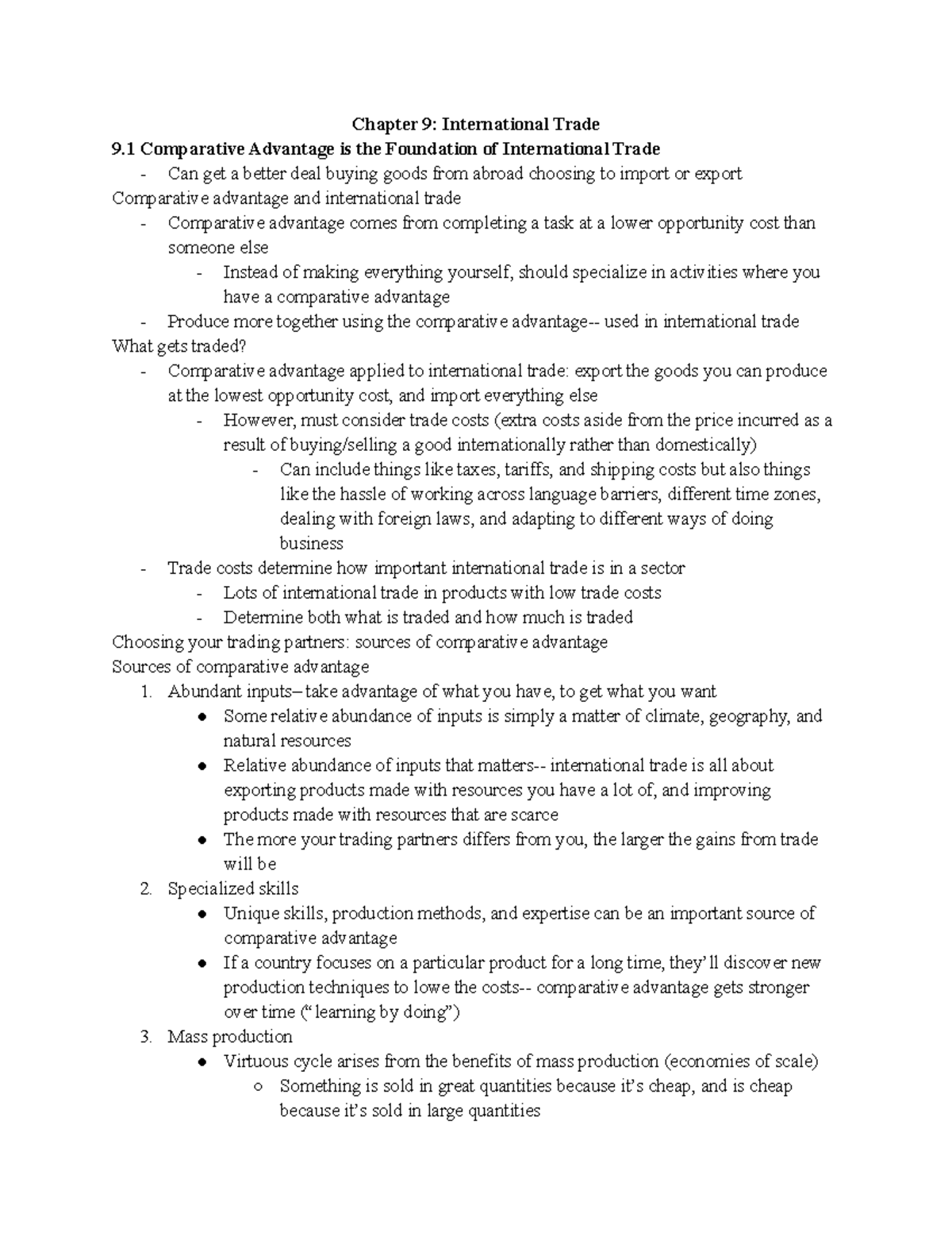 Chapter 9 Textbook Notes - Chapter 9: International Trade 9 Comparative ...