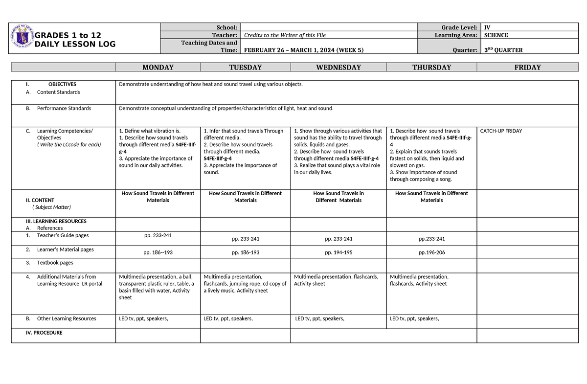 Dll Science 4 Q3 W5 Gchd Grades 1 To 12 Daily Lesson Log School Grade Level Iv Teacher