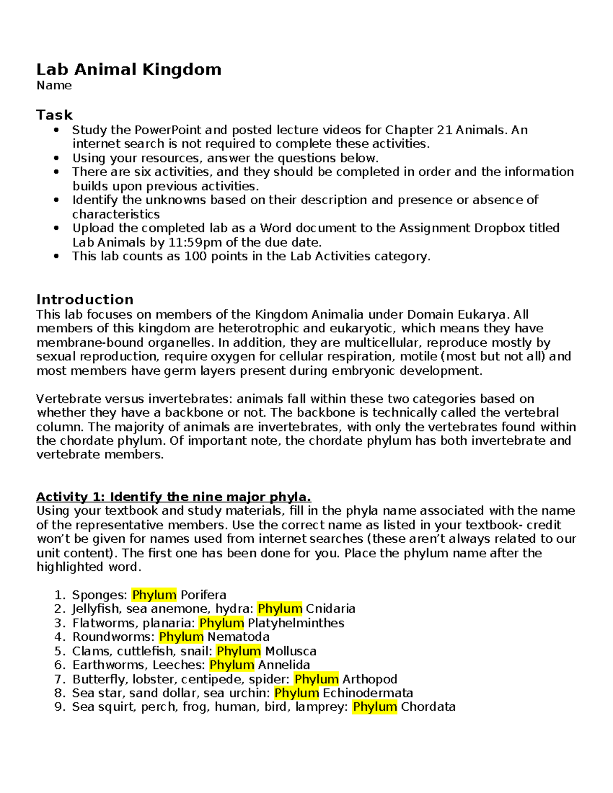 Lab Animal Kingdom - Lab Animal Kingdom Name Task Study the PowerPoint ...