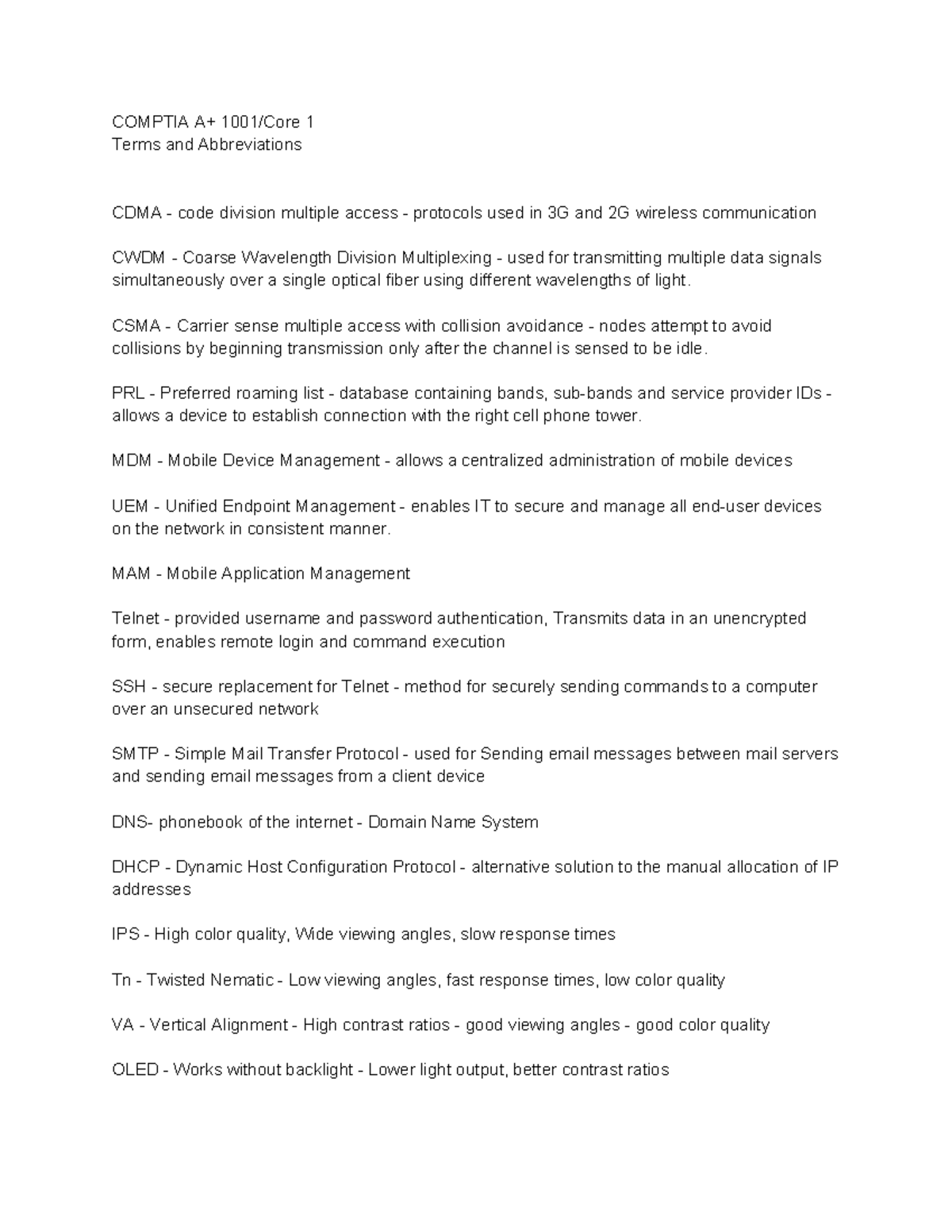 COMPTIA A+ Terms and Abbreviations - COMPTIA A+ 1001/Core 1 Terms and ...