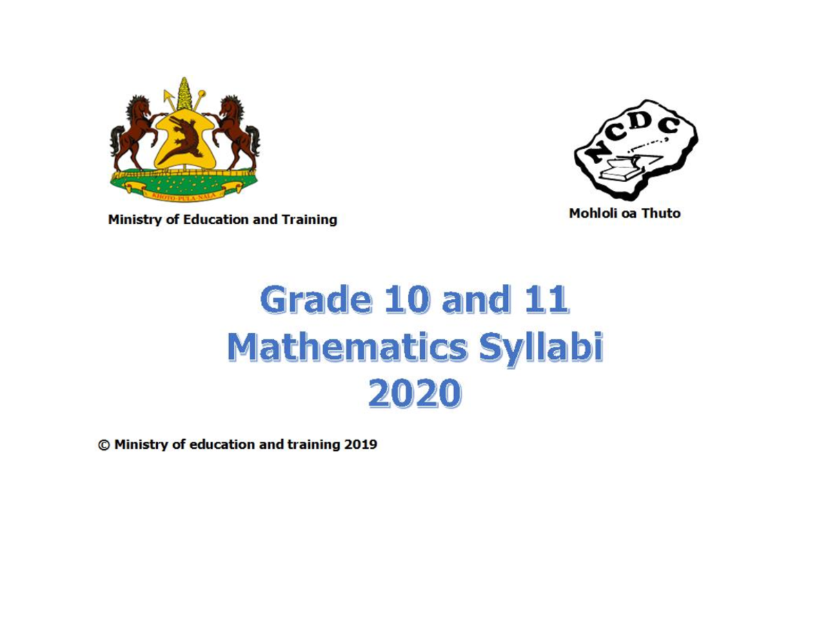 Grade 10 and 11 Mathematics Syllabus - Table of Contents Introduction ...