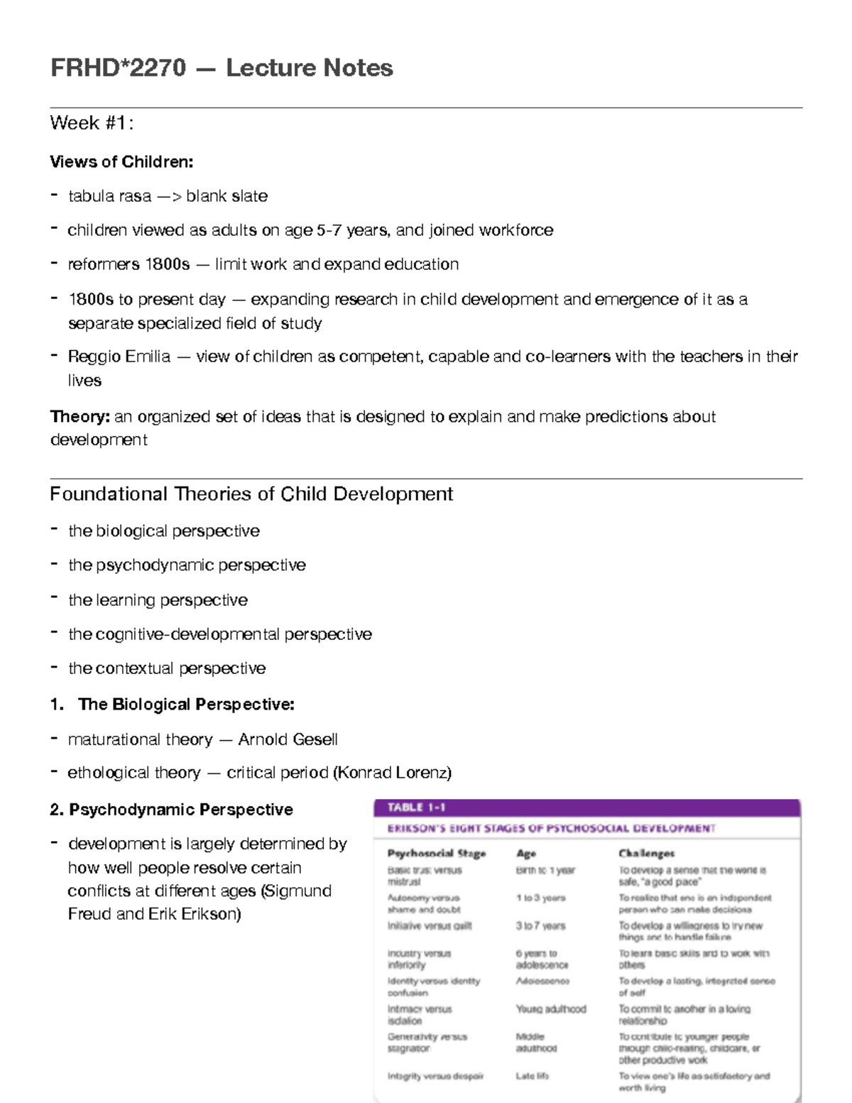 Lecture Notes - FRHD*2270 — Lecture Notes Week #1: Views of Children ...