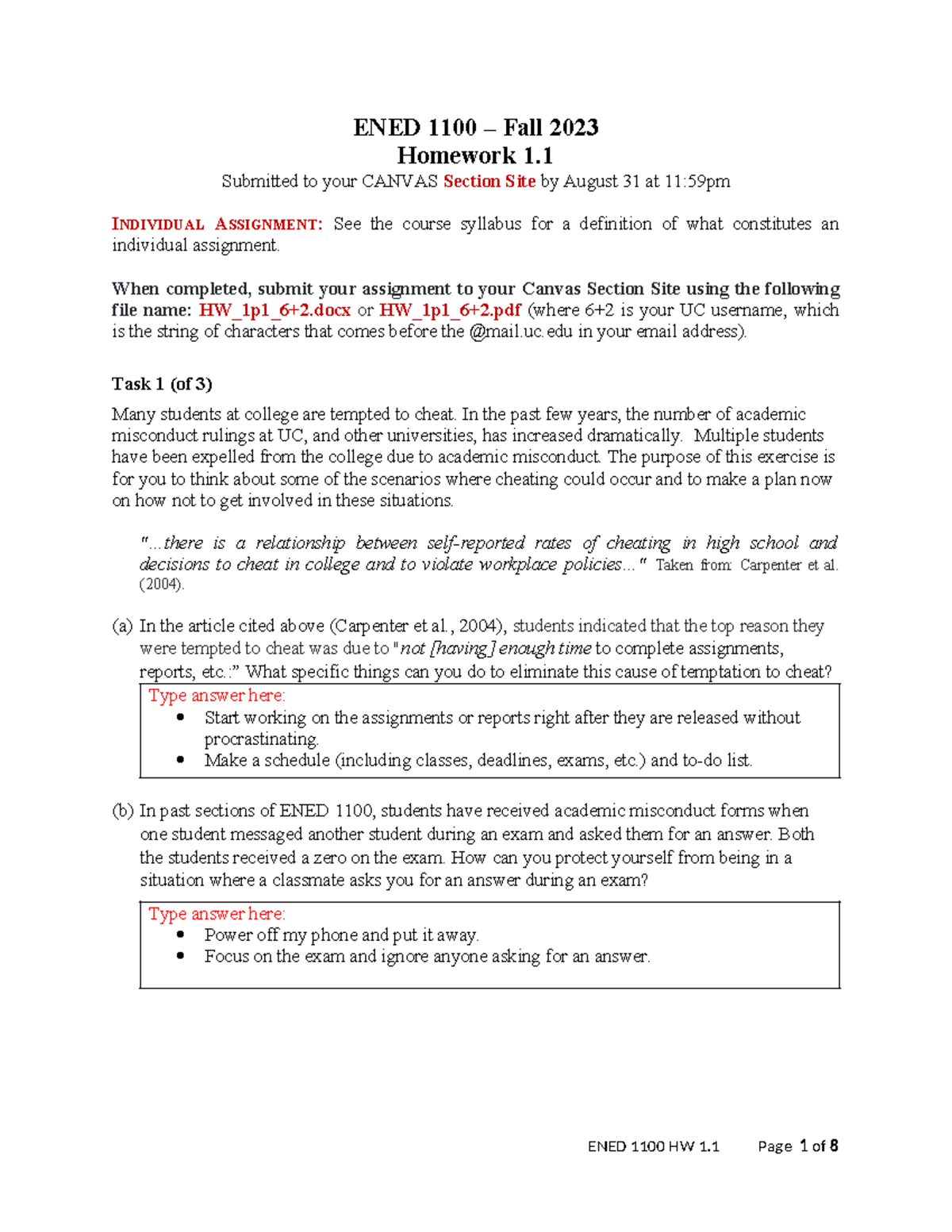 HW 1p1 - Homework 1p1 - ENED 1100 – Fall 2023 Homework 1. Submitted To ...