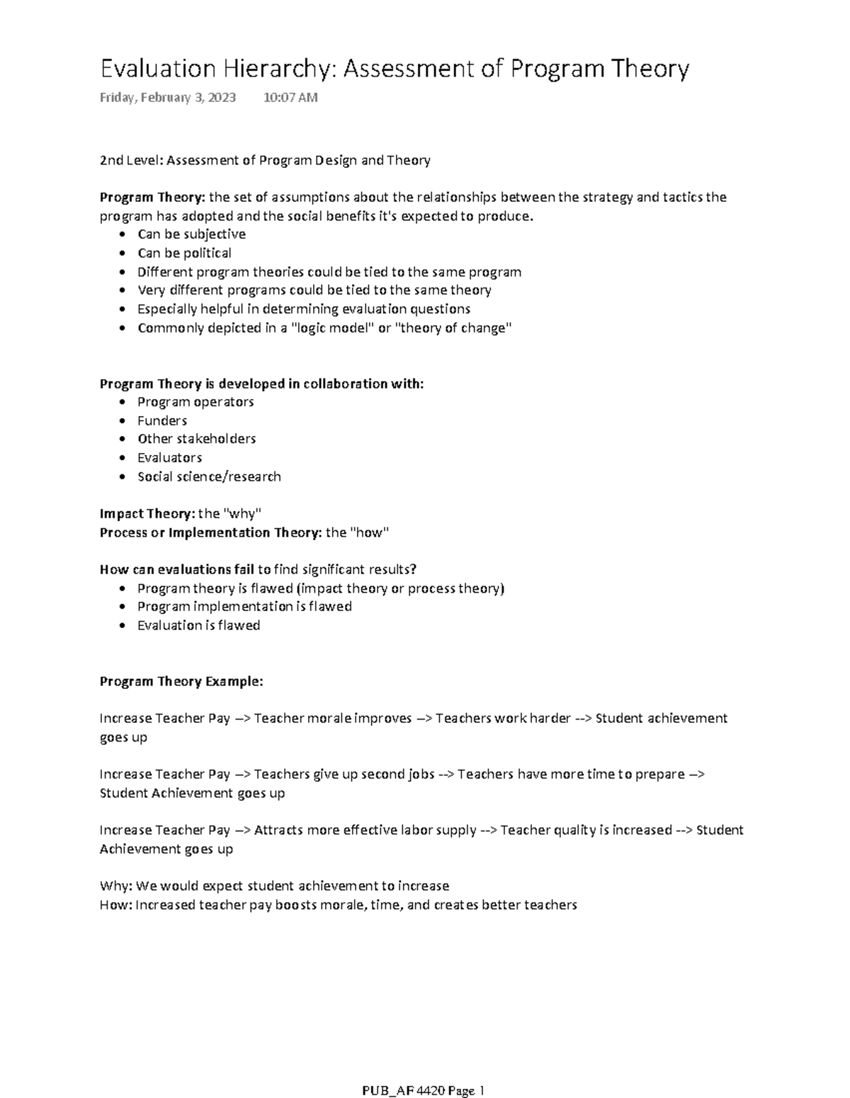 Evaluation hierarchy assessment of program theory 2nd level