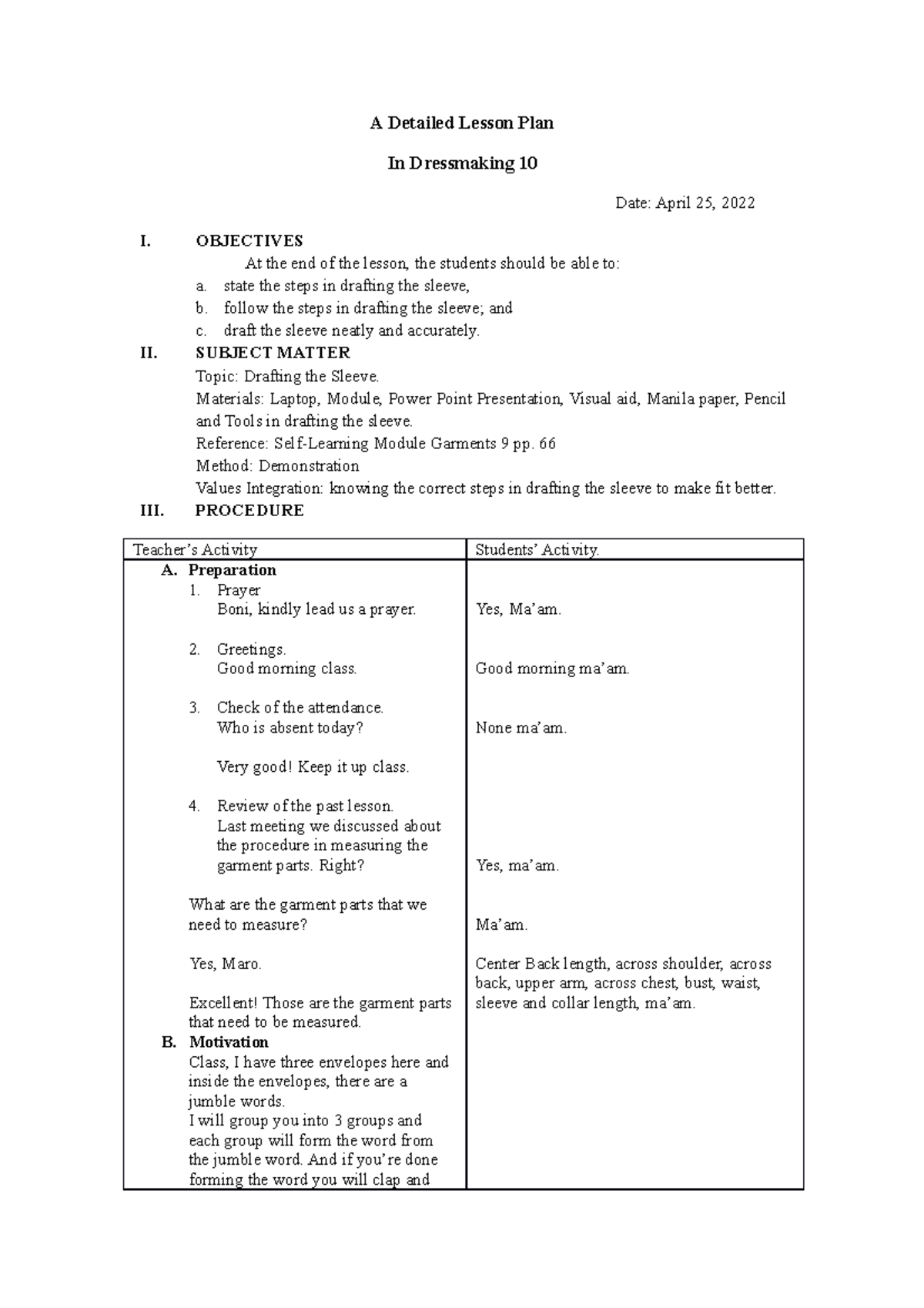 A Detailed Lesson Plan ( Pre demo ) - A Detailed Lesson Plan In ...