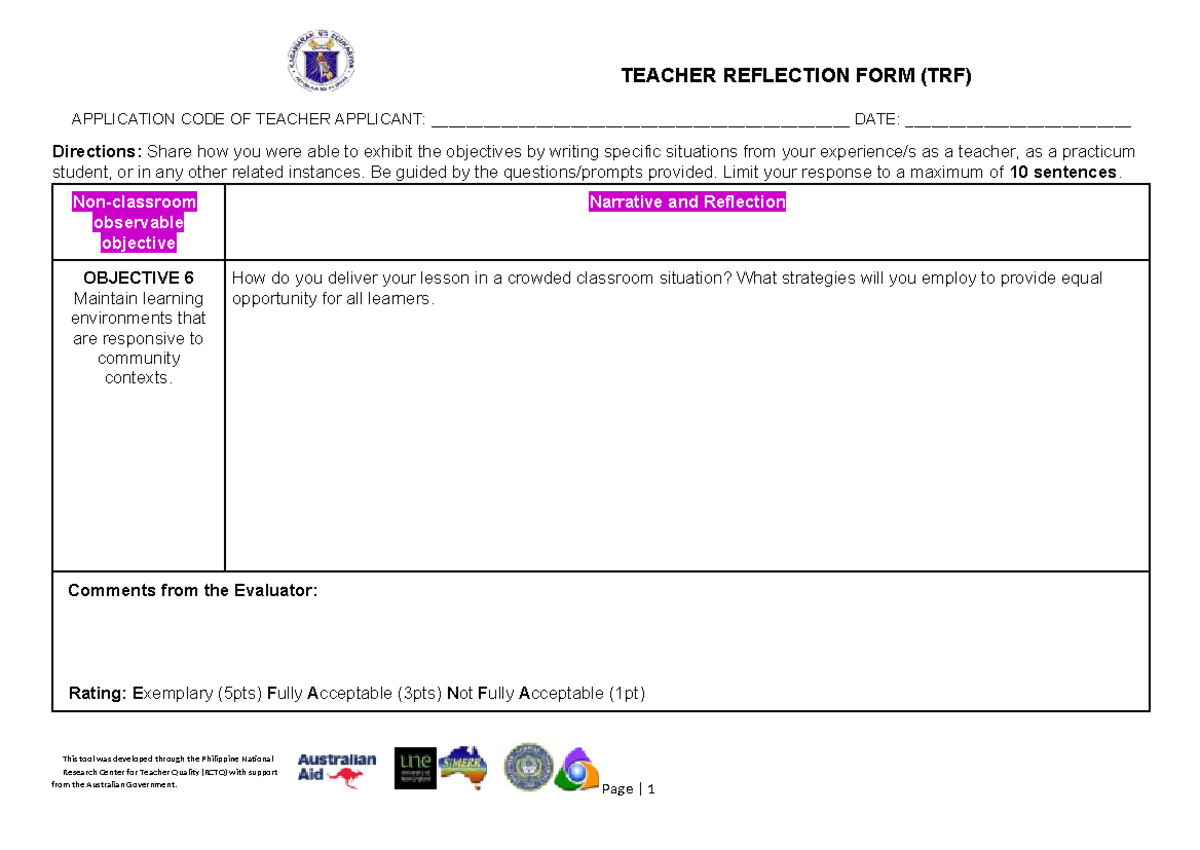 Annex N Teacher Reflection Form (TRF) - TEACHER REFLECTION FORM (TRF ...
