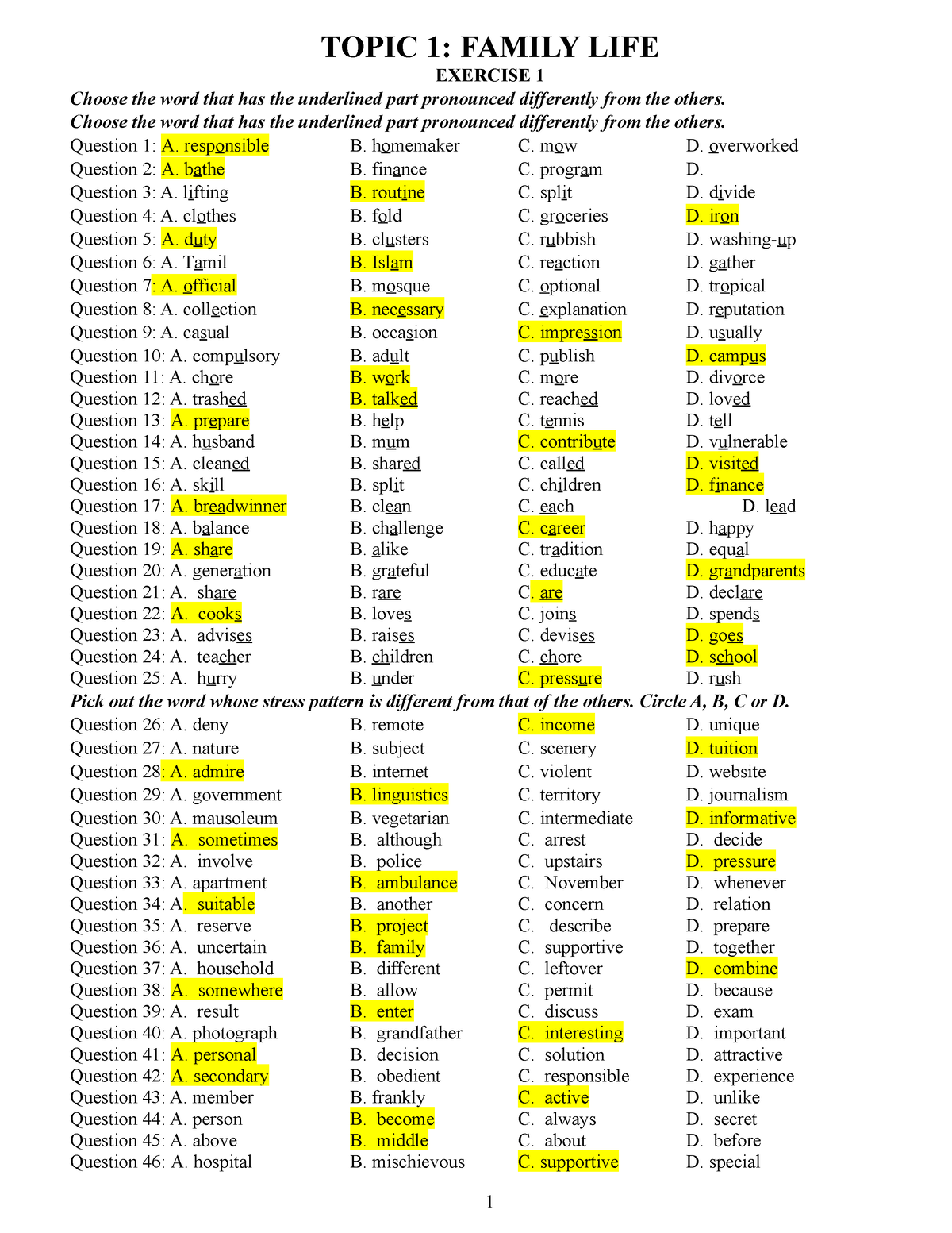 Topic 1- Family LIFE - TOPIC 1: FAMILY LIFE EXERCISE 1 Choose The Word ...