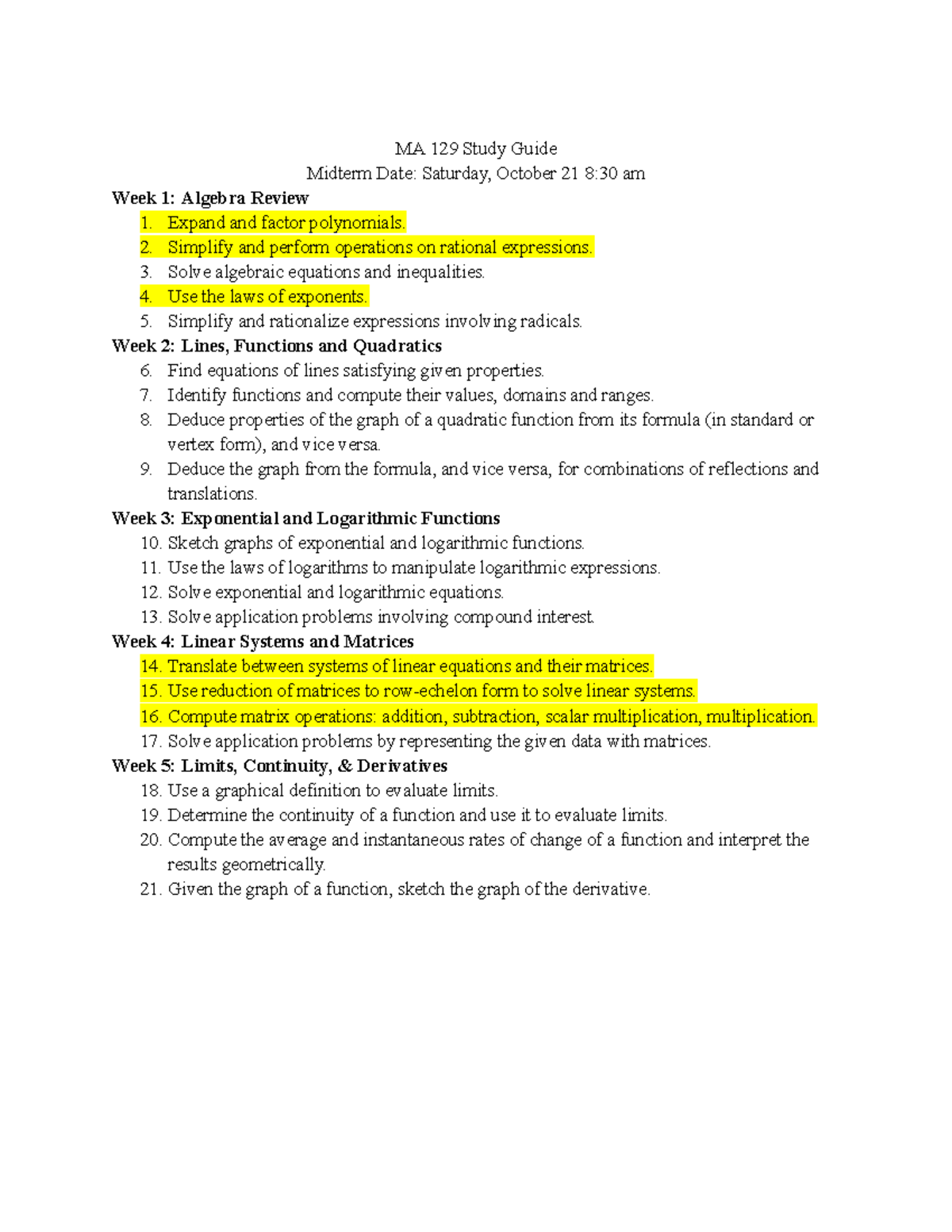 MA 129 Study Guide - MA 129 Study Guide Midterm Date: Saturday, October ...