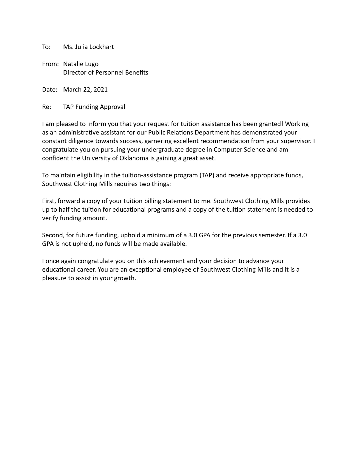 BUS 3050 Good News Message draft - To: Ms. Julia Lockhart From: Natalie ...