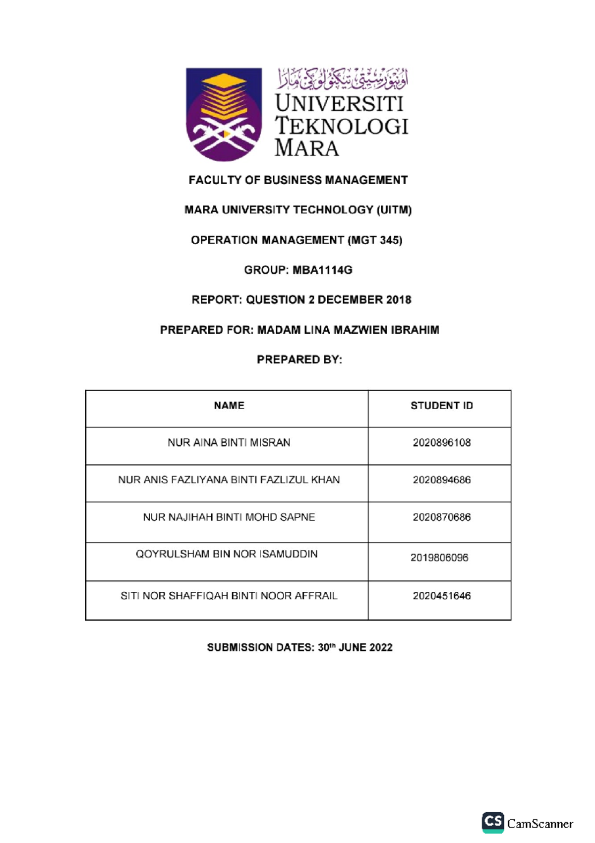 Question 2 December 2018 - operation management - Studocu