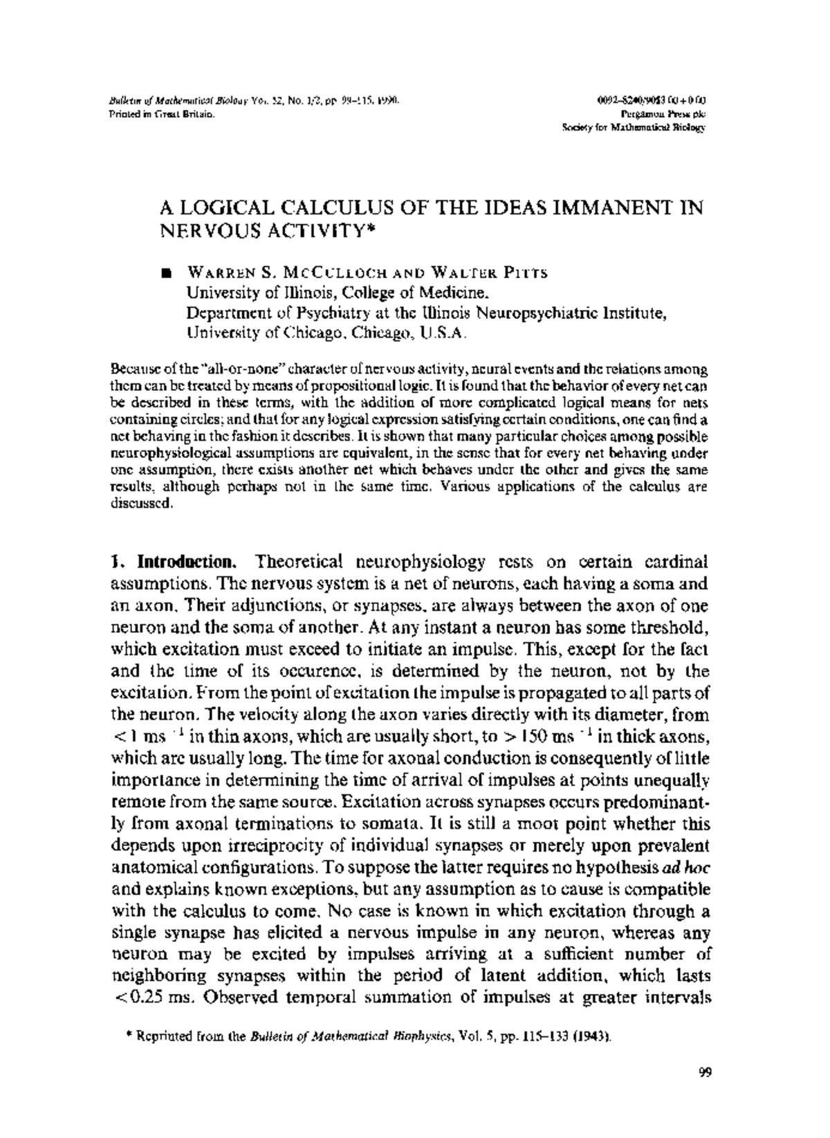 Mc Culloch And Pitts A Logical Calculus Of The Ideas Immanent In