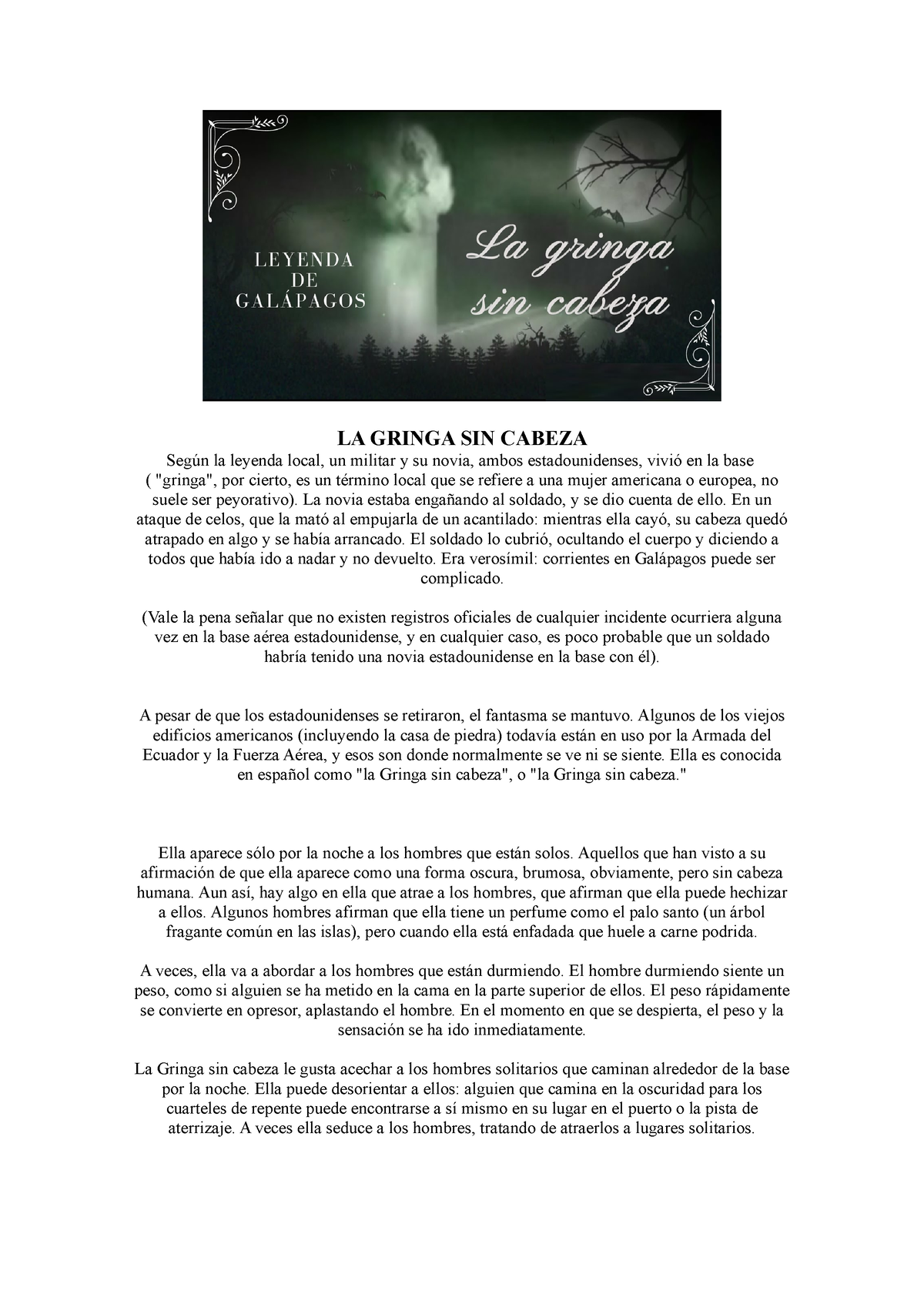 LA Gringa SIN Cabeza - Leyenda de Galápagos - LA GRINGA SIN CABEZA Según la  leyenda local, un - Studocu