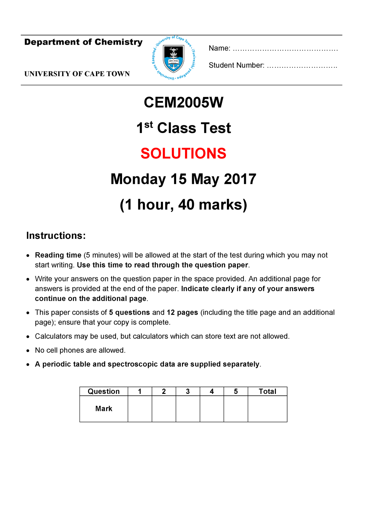 Test 1 2018, answers - Department of Chemistry Name Sns-Brigh10