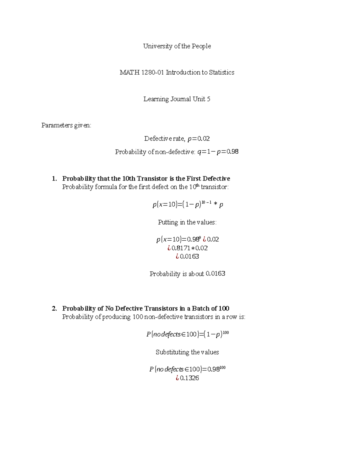 MATH 1280-01 Introduction to Statistics unit 5 - University of the ...