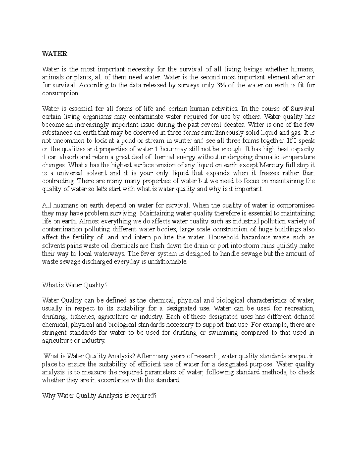 Water write up - ooo - WATER Water is the most important necessity for ...