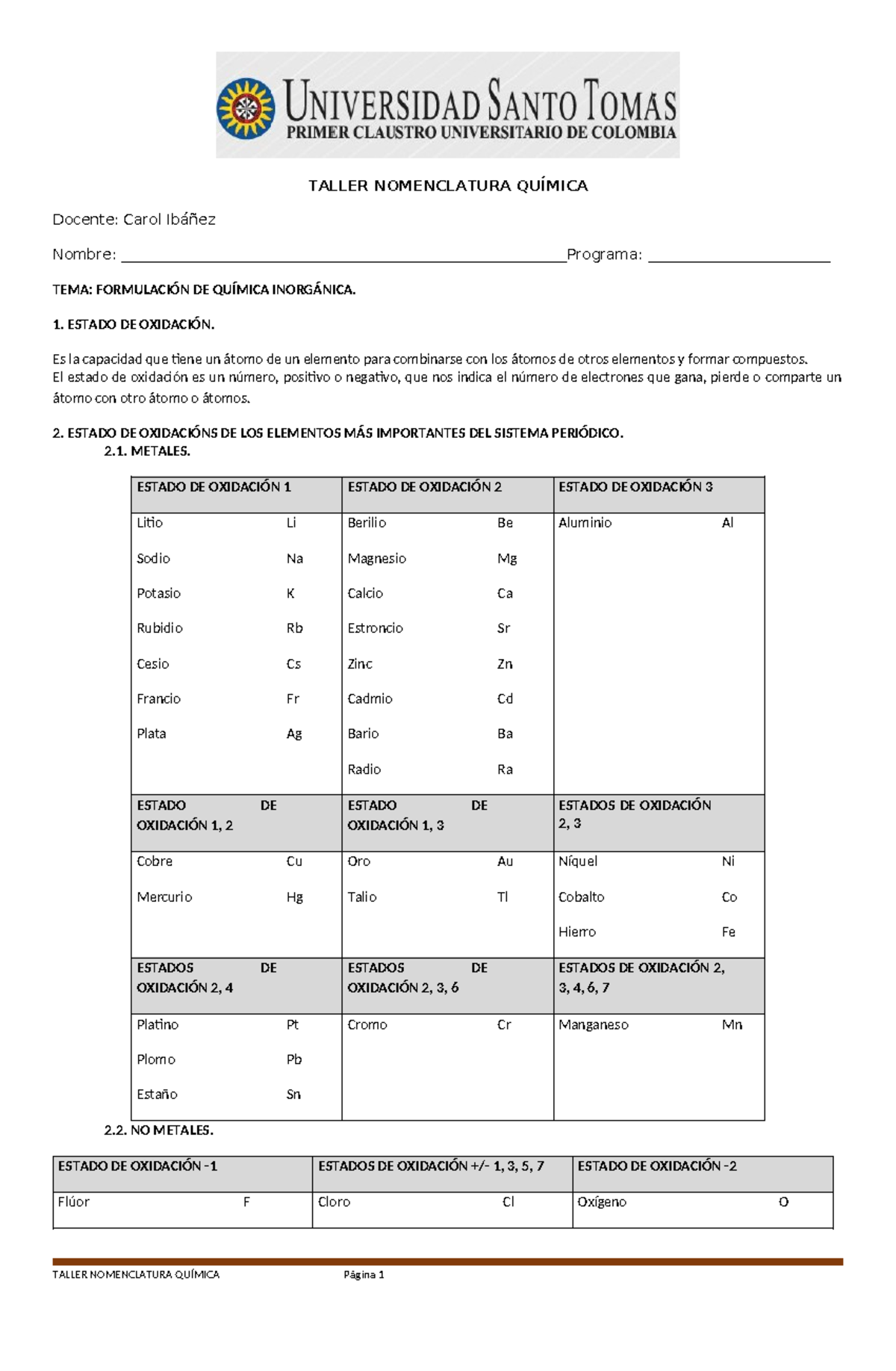 Nomenclatura Química TALLER NOMENCLATURA QUÍMICA Docente Carol