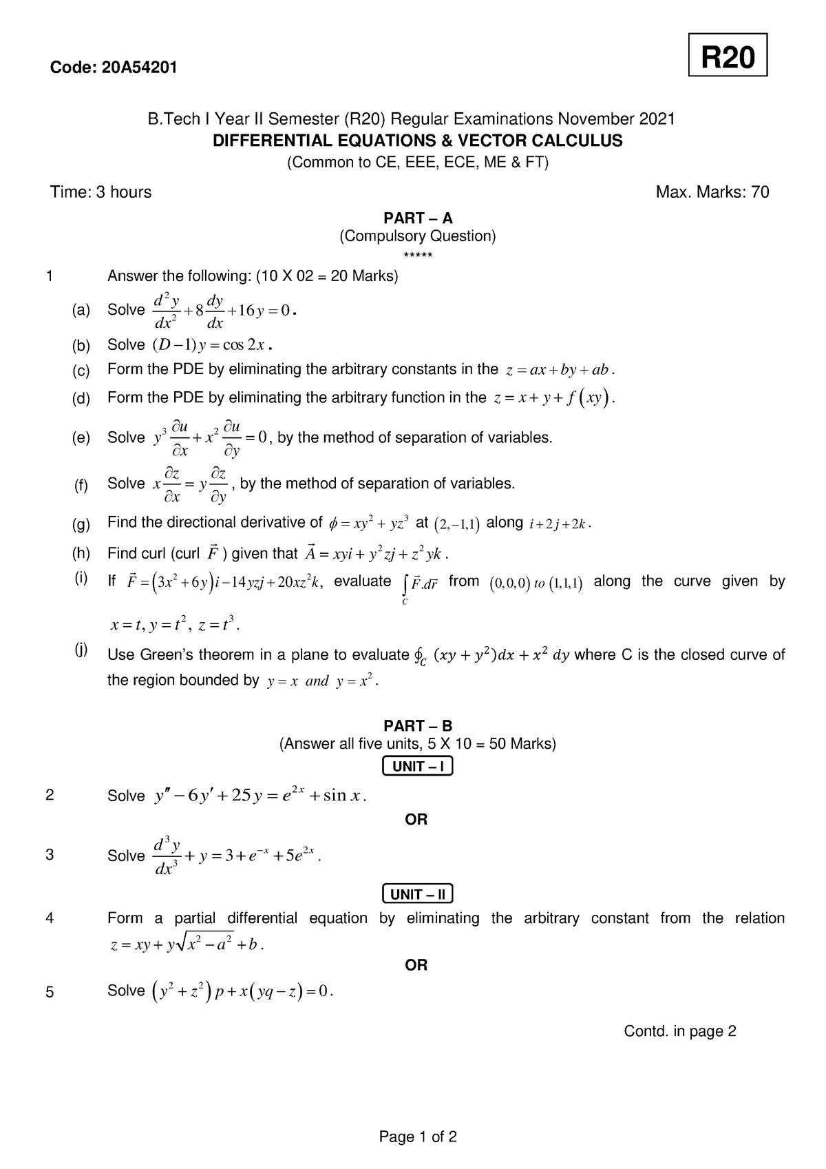 20A54201 Differential Equations & Vector Calculus - Code: 20A B I Year ...