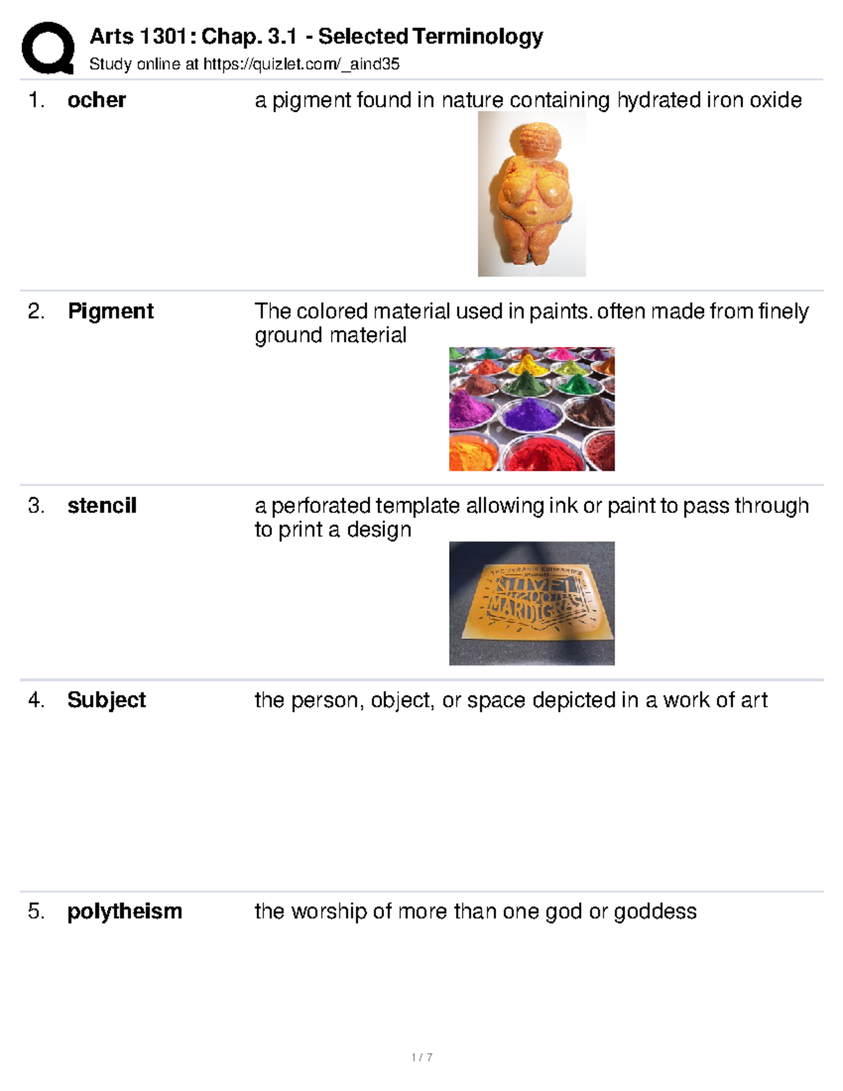 Arts 1301 Chap. 3.1 Selected Terminology Study online at quizlet/_aind ocher a pigment found