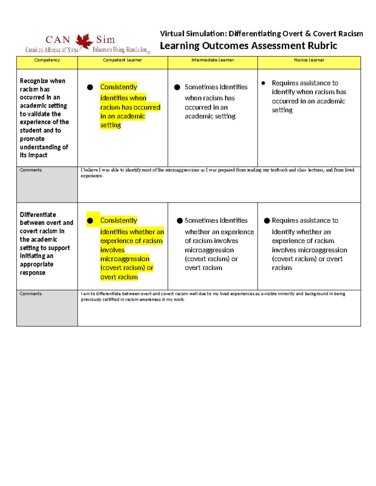 PRE- Self-Assessment Rubric Mini Sims Differentiating Overt and Covert ...