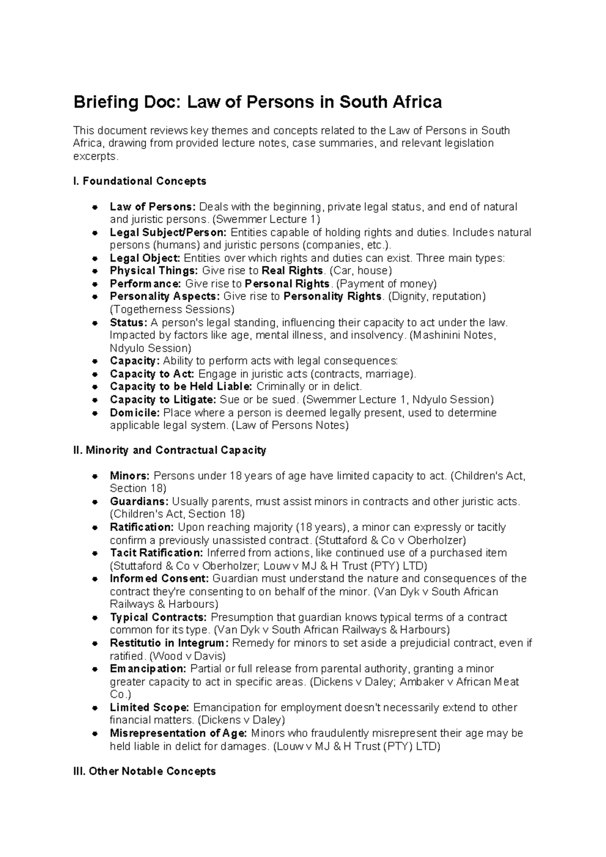 Briefing Doc Law of Persons in South Africa - I. Foundational Concepts ...