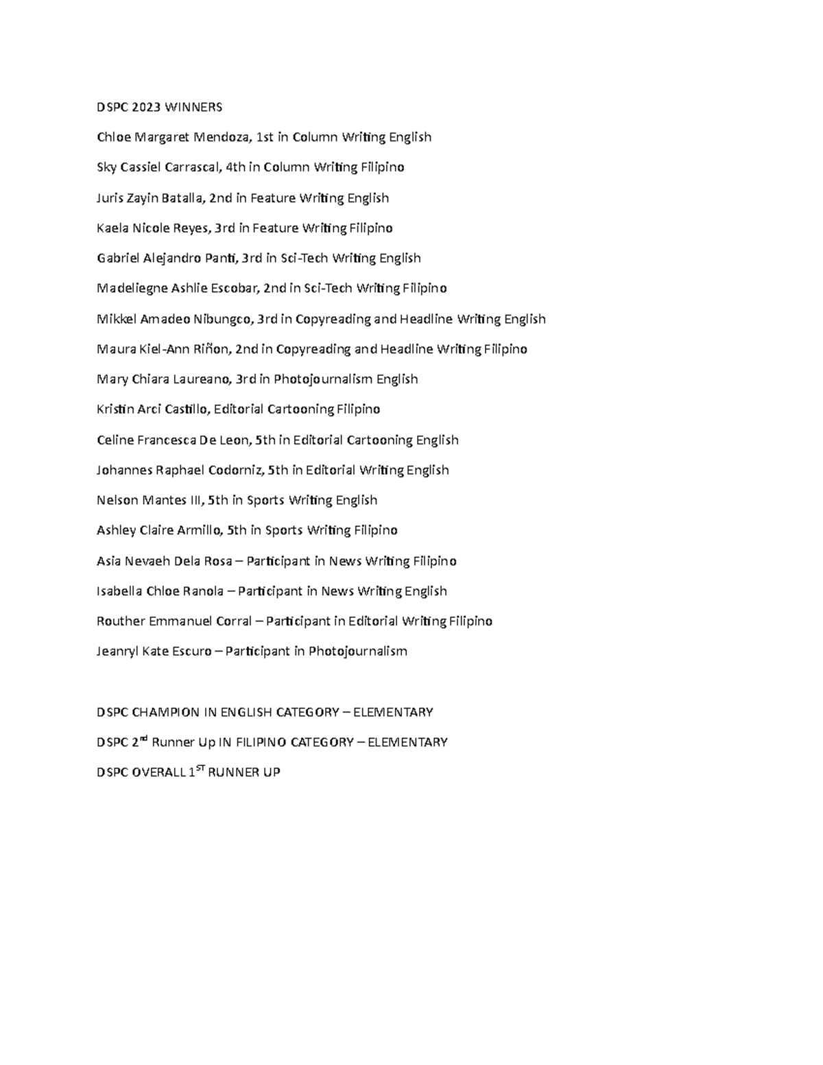 650950333 DSPC 2023 Winners DSPC 2023 WINNERS Chloe Margaret Mendoza