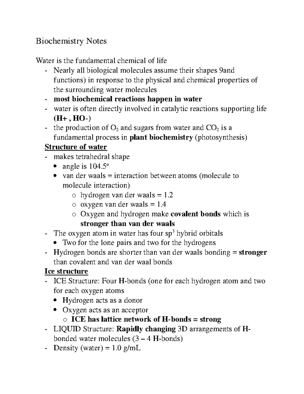 Biochemistry Notes Biochemistry Notes Water Is The Fundamental Chemical Of Life Nearly All