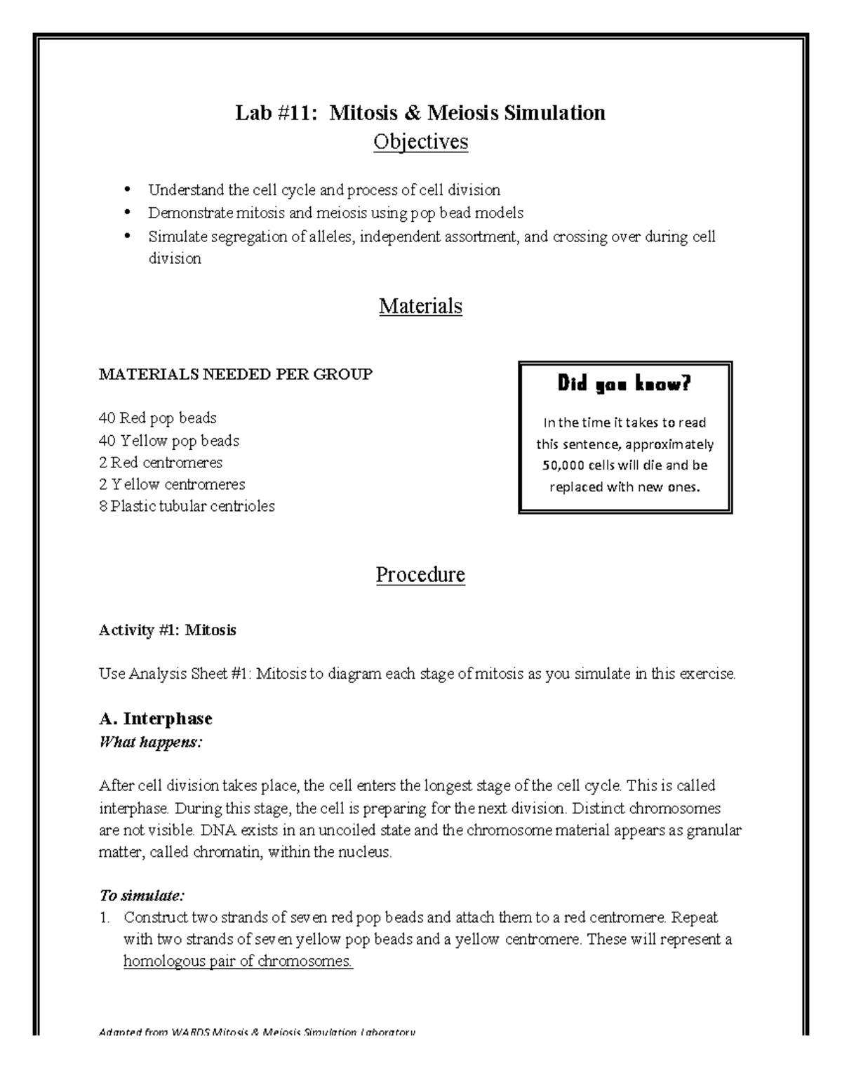 Lab 11H - Mitosis and Meiosis procedure only - Lab #11: Mitosis ...