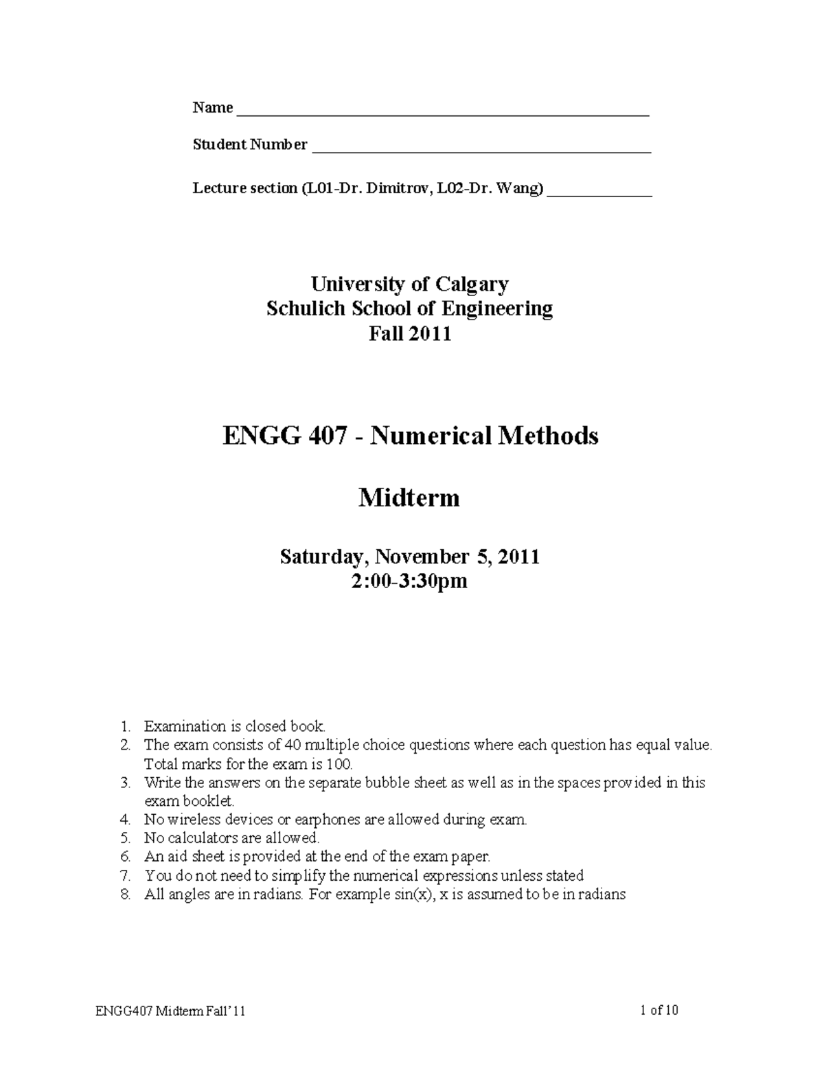 Practice exam 5 November 2011, Questions and answers - Midterm - Name ...