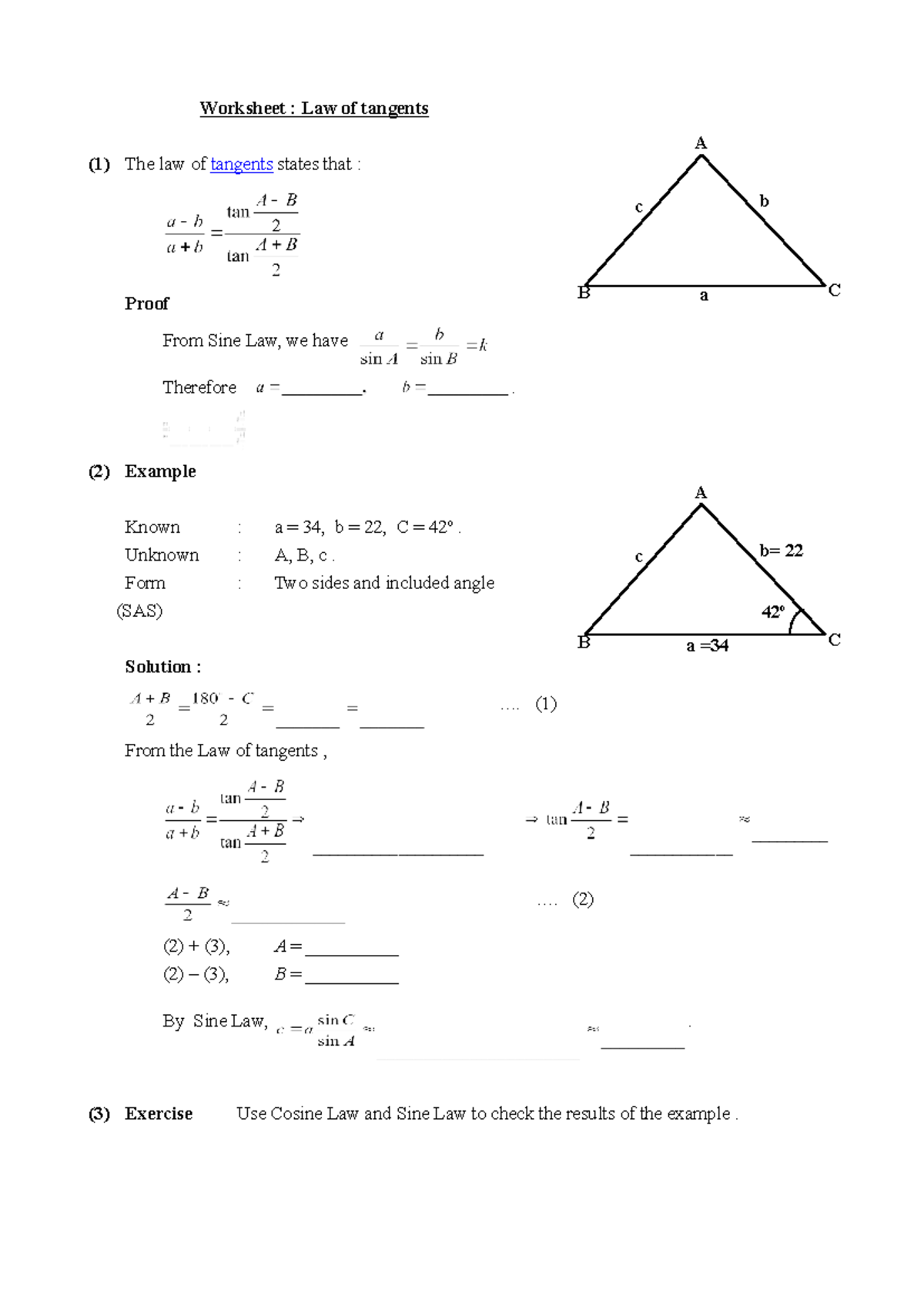 Law Of Tangents - B C a = b= 22 c A 42 o B C a b c A Worksheet : Law of ...