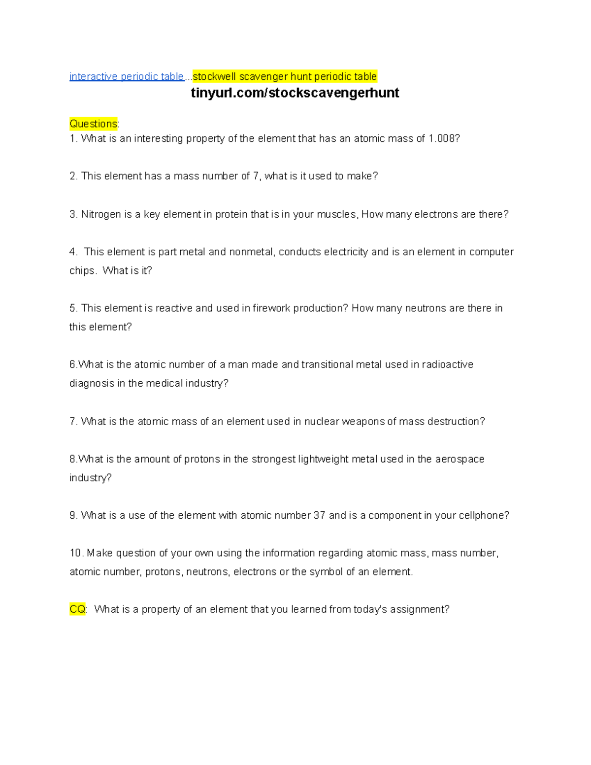 The Epic Periodic Table Scavenger Hunt Answers