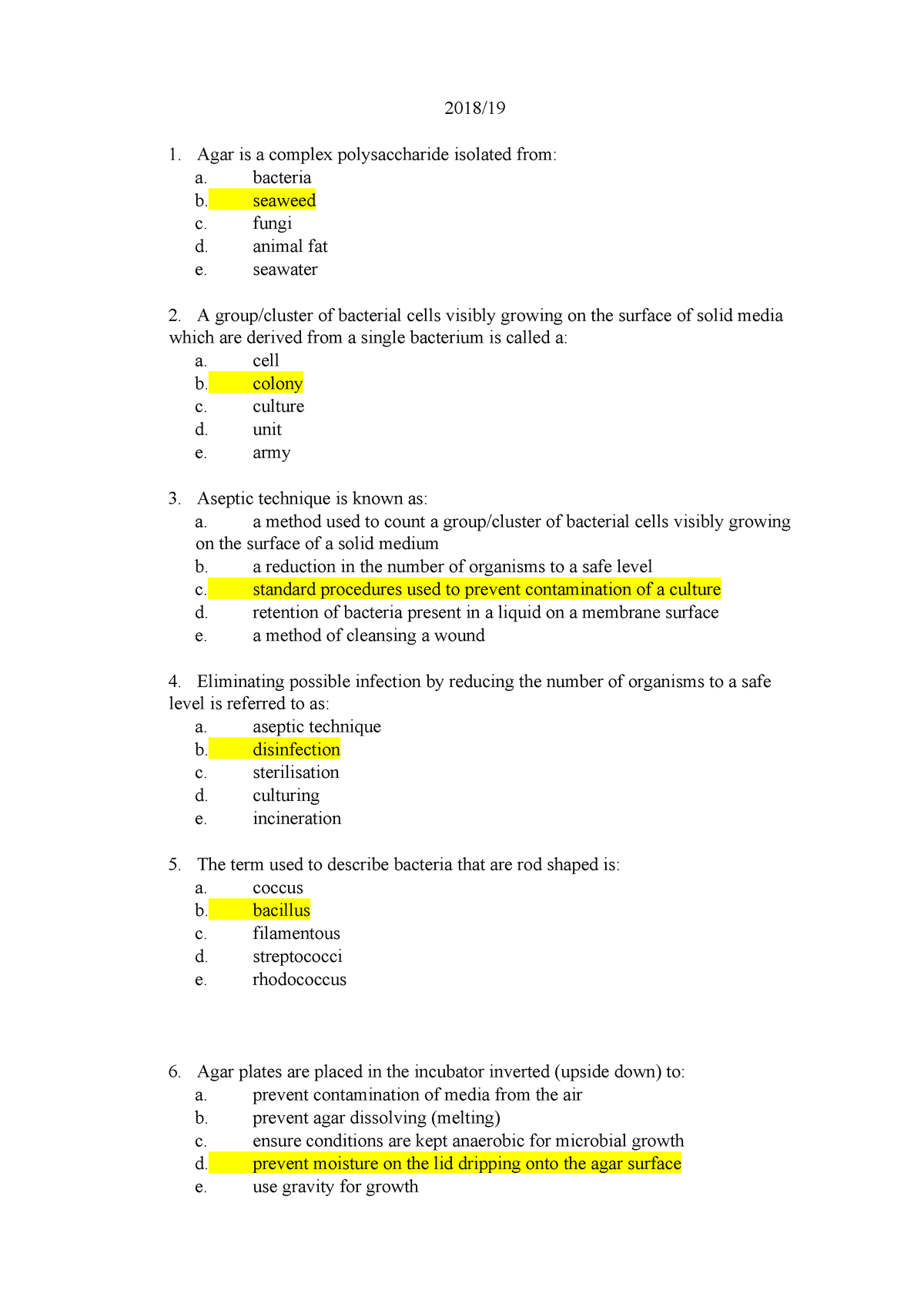 MI202 Lab Mcqs (section A) - 2018/ Agar Is A Complex Polysaccharide ...