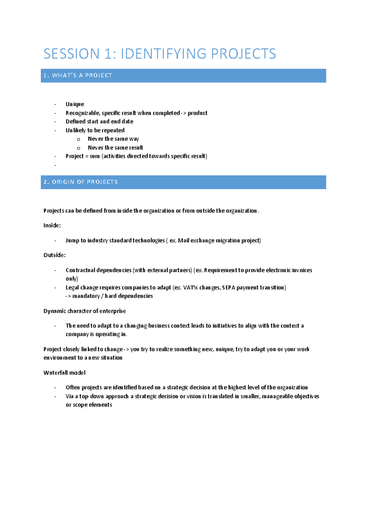 Summary Project Management and Methods Part 1 to 4 - SESSION 1 ...
