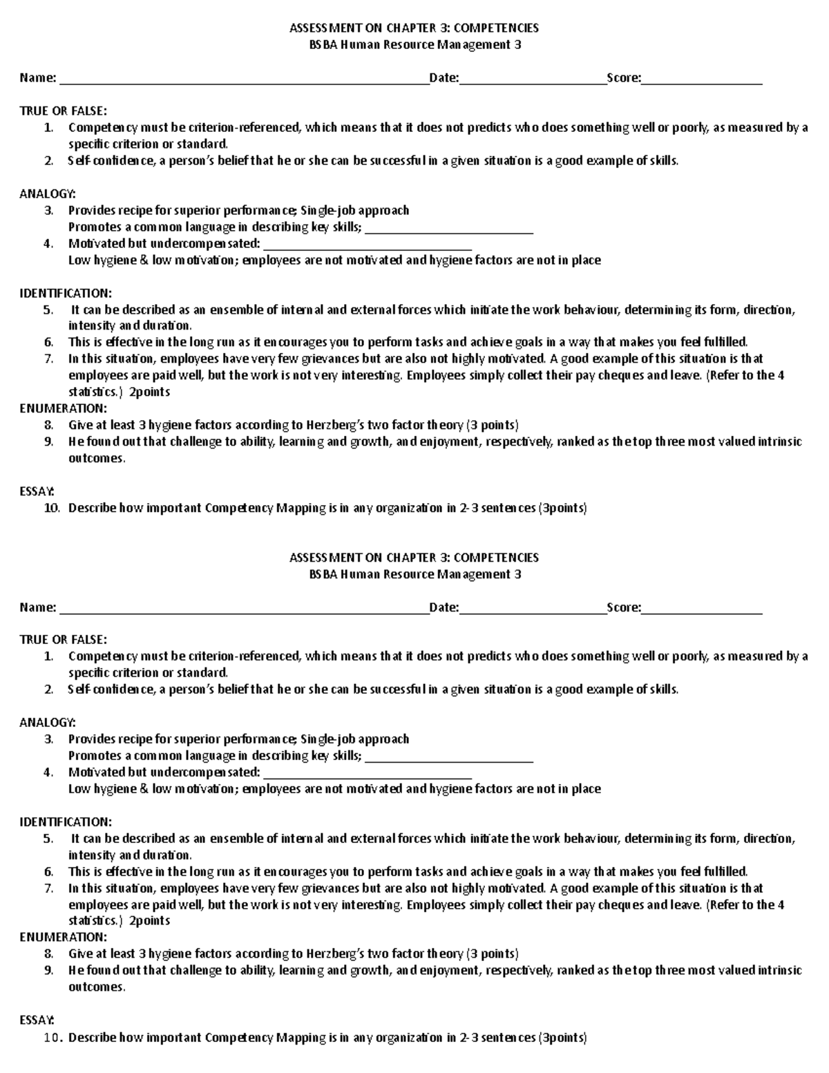 Assessment ON Chapter 3 - ASSESSMENT ON CHAPTER 3: COMPETENCIES BSBA ...