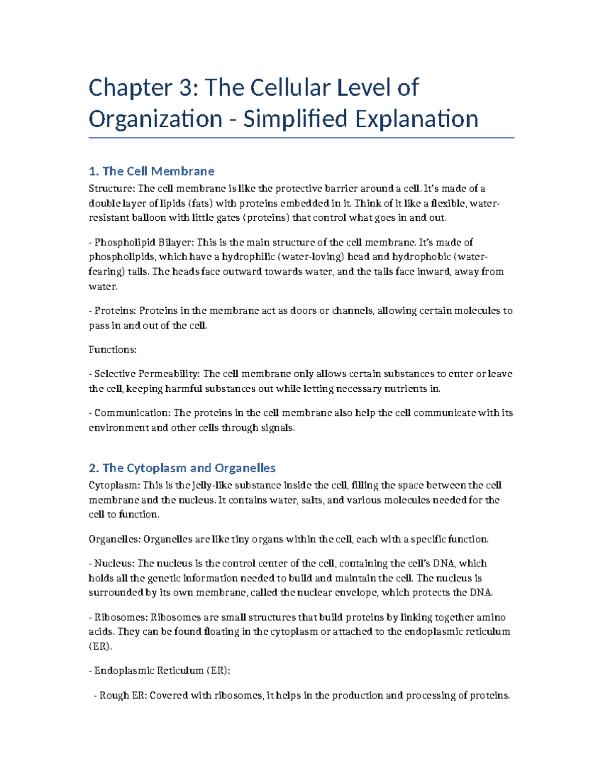 Chapter 3 The Cellular Level of Organization Simplified Explanation ...
