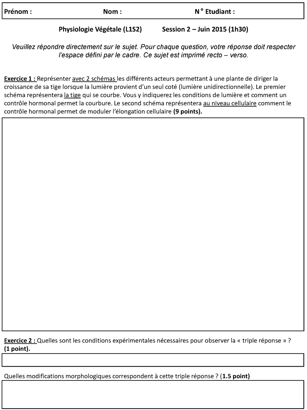 Examen 2015, questions et réponses - Prénom : Nom : Physiologie Sns-Brigh10