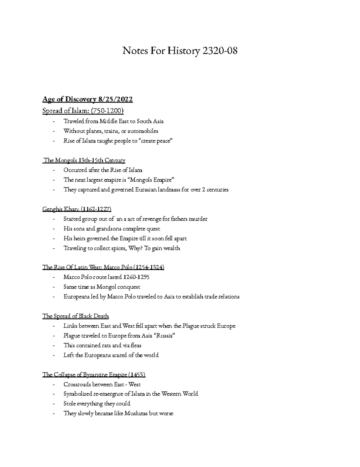History 2320-08 - Notes For History 2320- Age of Discovery 8/25/ Spread ...