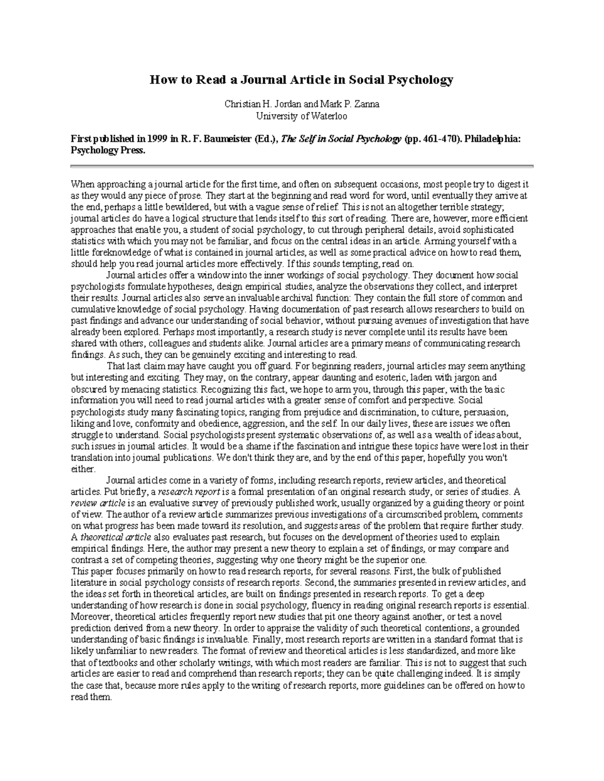 How To Read A Journal Article In Social Psychology