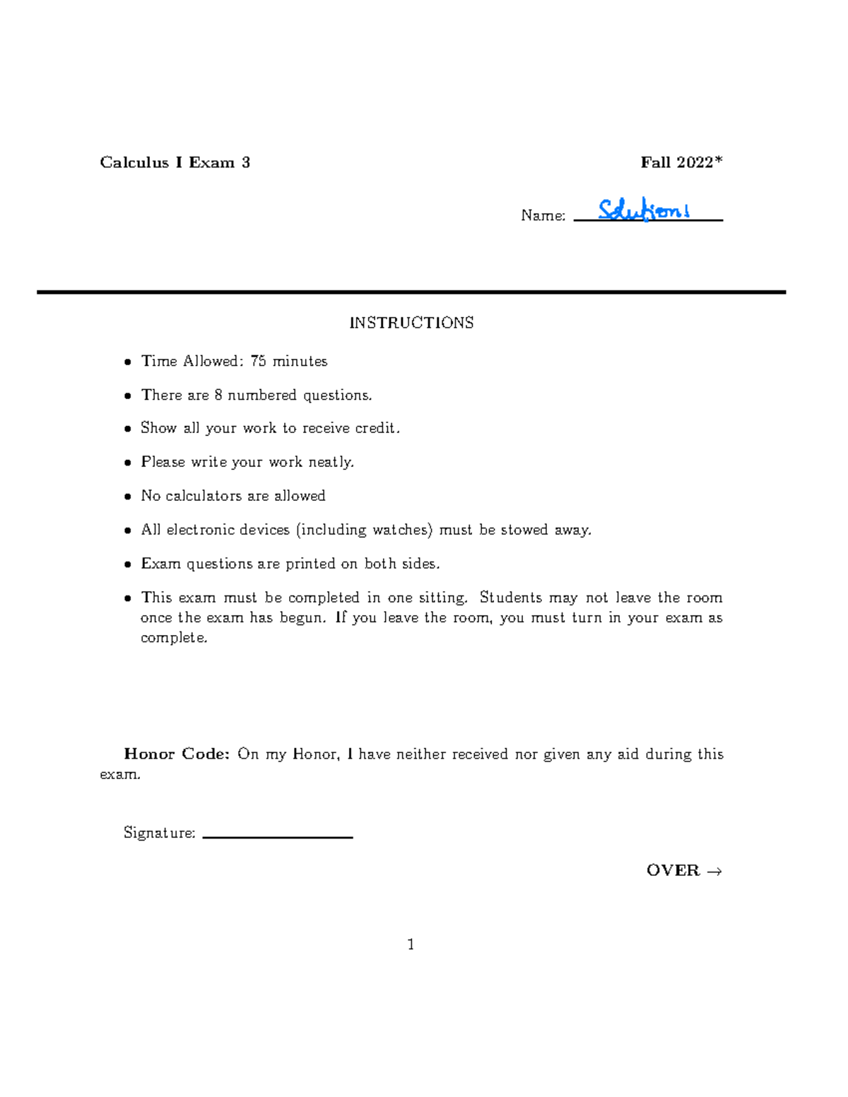 B Test 3 Solutions - This is test 3 form B for Calc I it includes some ...