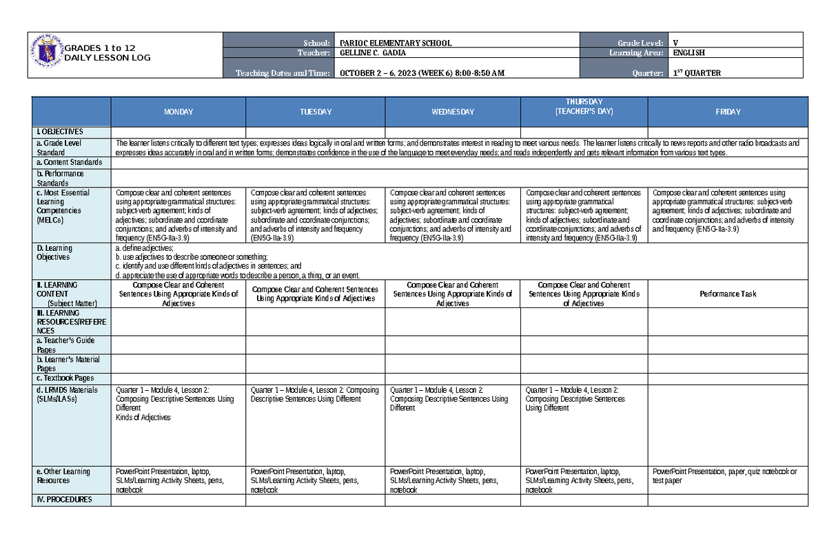 DLL English 5 Q1 W6 - DLP - GRADES 1 to 12 DAILY LESSON LOG School ...