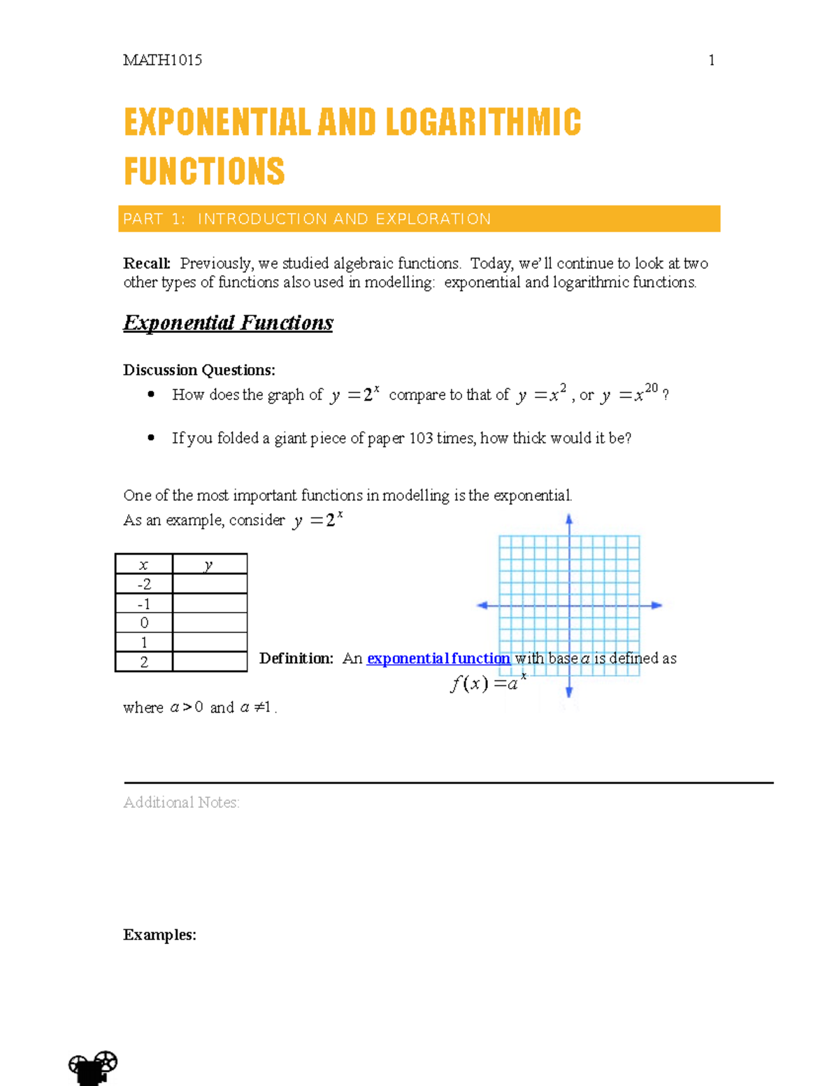 LEC 9 LOGS AND Exponential Functions - EXPONENTIAL AND LOGARITHMIC ...