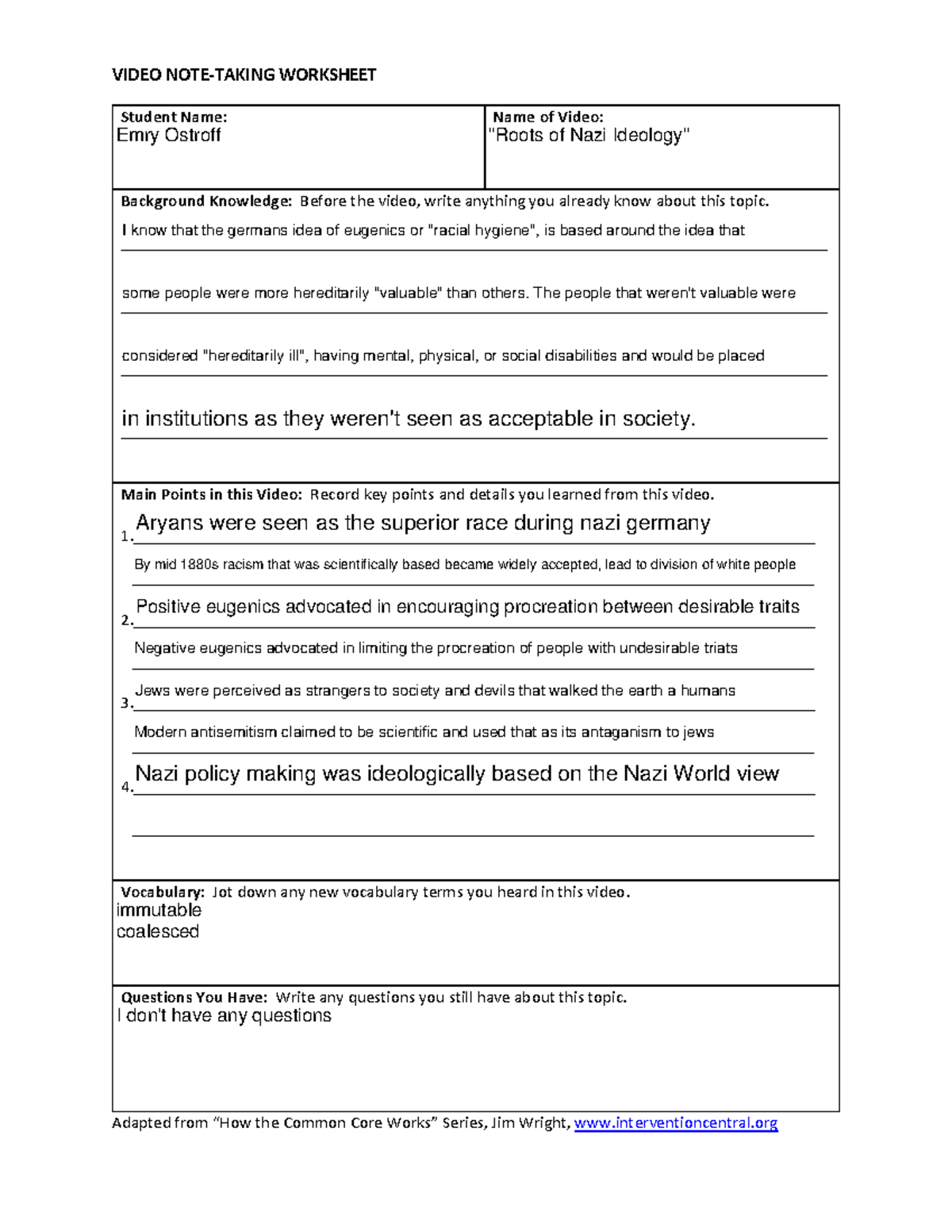 Video Note Taking Worksheet - Video Note‐taking Worksheet Student Name 