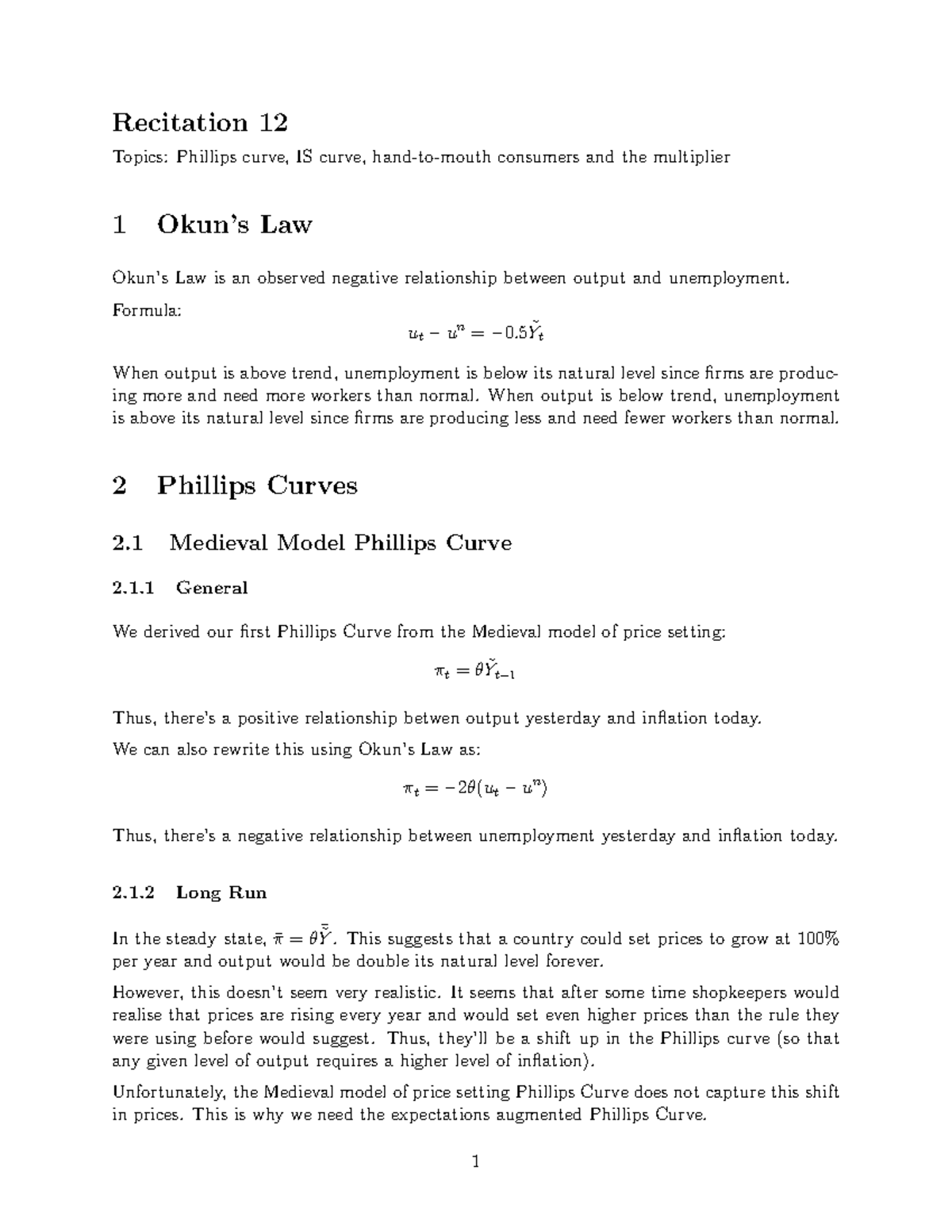 12 Okun s Law Phillips Curve IS Curve Recitation 12 Topics 