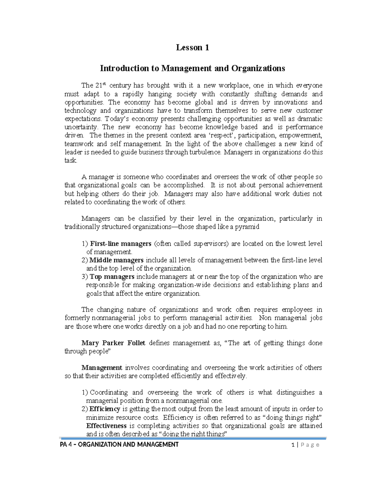 Org Man Chapter 1&2-3 - lecture - Lesson 1 Introduction to Management ...