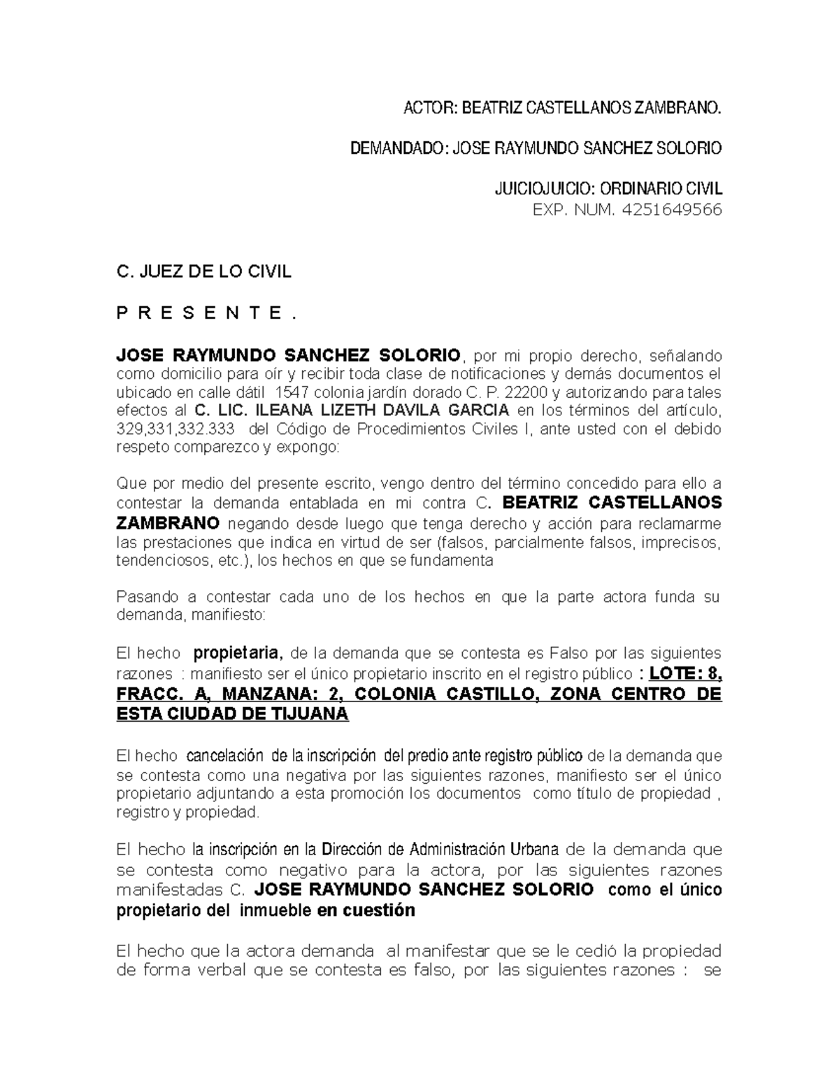 Contestacion de demanda de prescipcion positiva ejemplo , practica ...