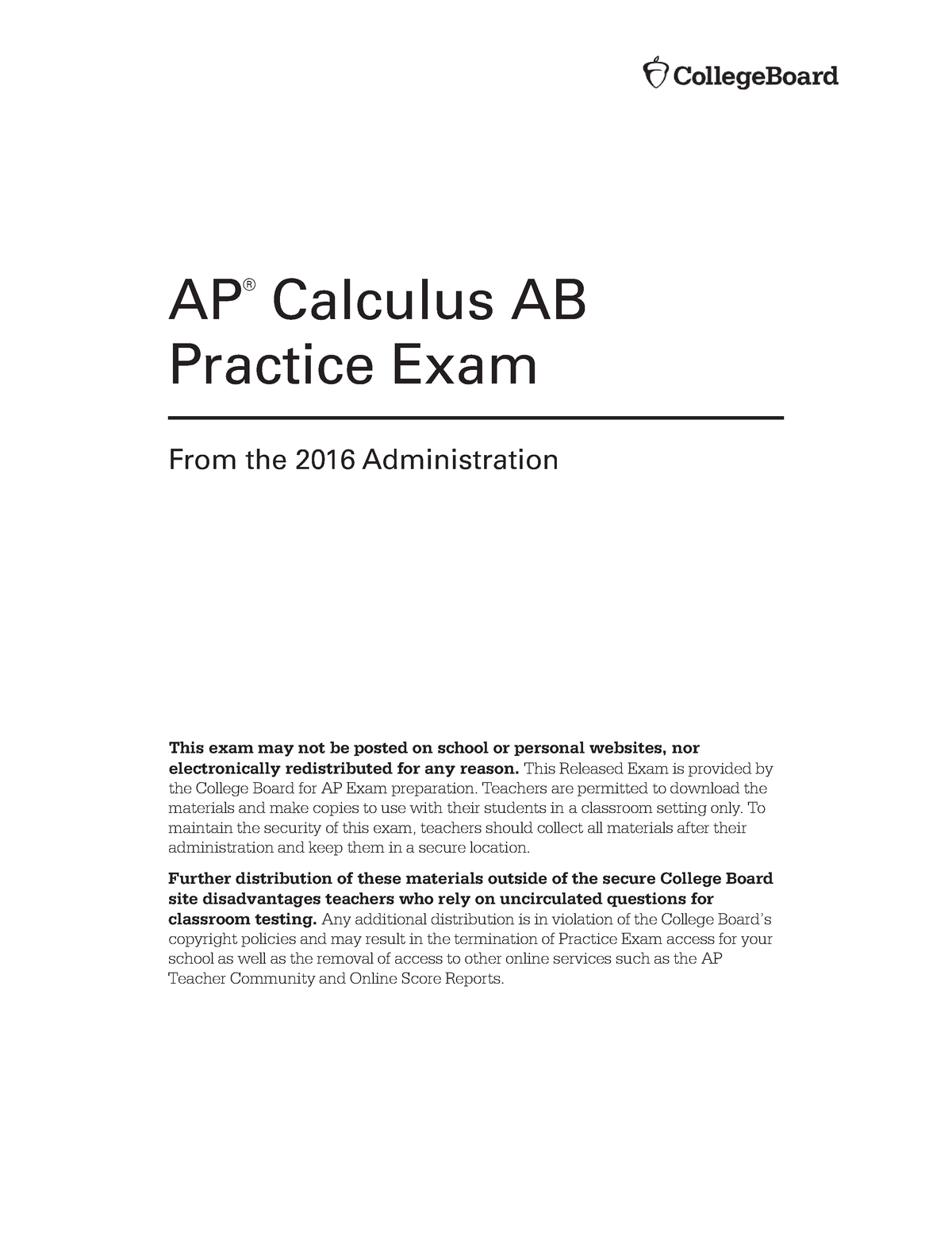 2016 AP Calculus AB Practice Exam MCQ Multiple Choice Questions with Answers Advanced Placement - Studocu
