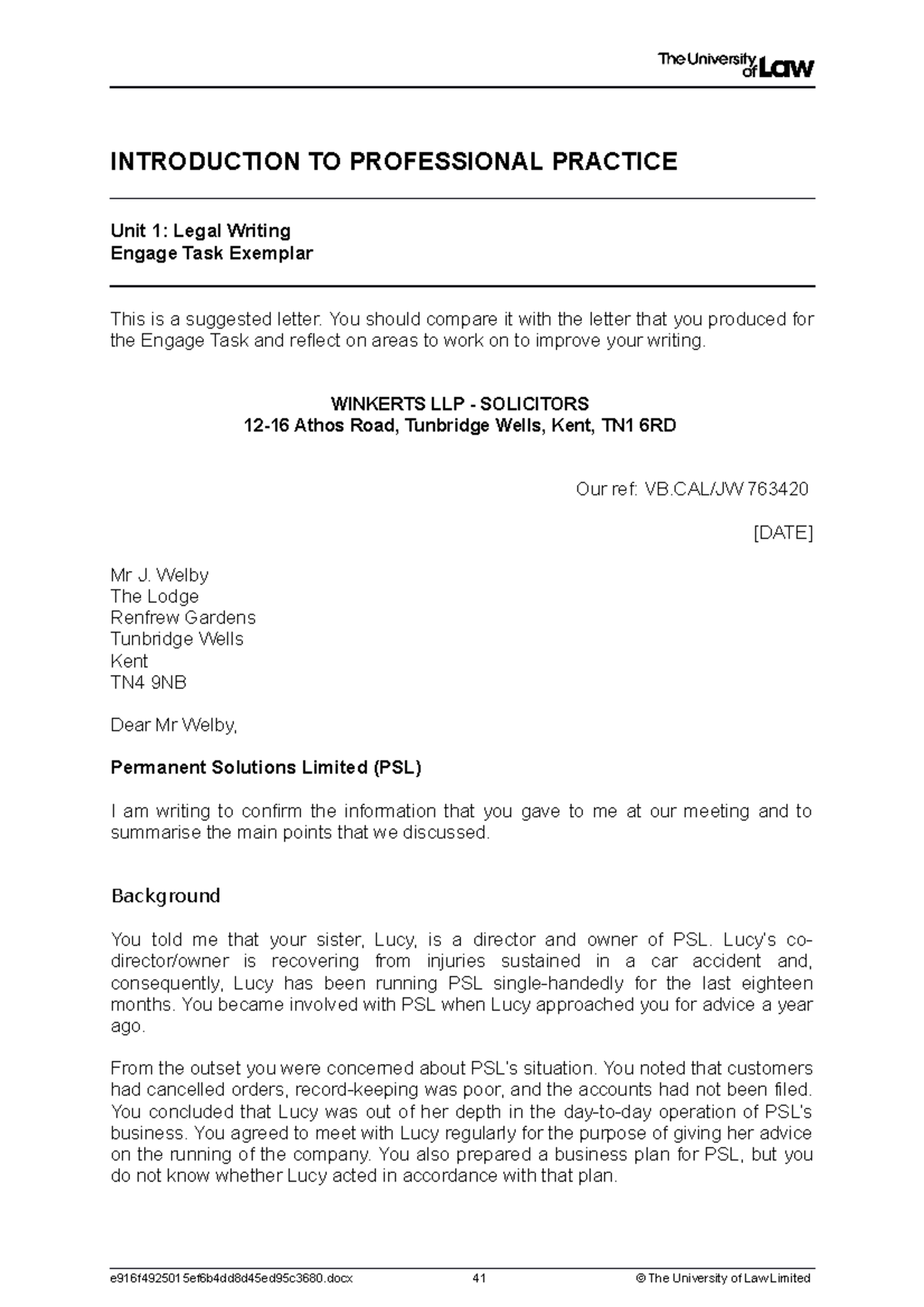 LPC Examplar letter to Mr Welby - INTRODUCTION TO PROFESSIONAL PRACTICE ...