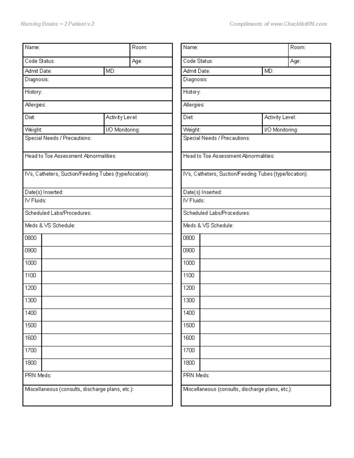 Nurse Brain sheet - Nursing Brains ~ 2 Patient v Compliments of ...